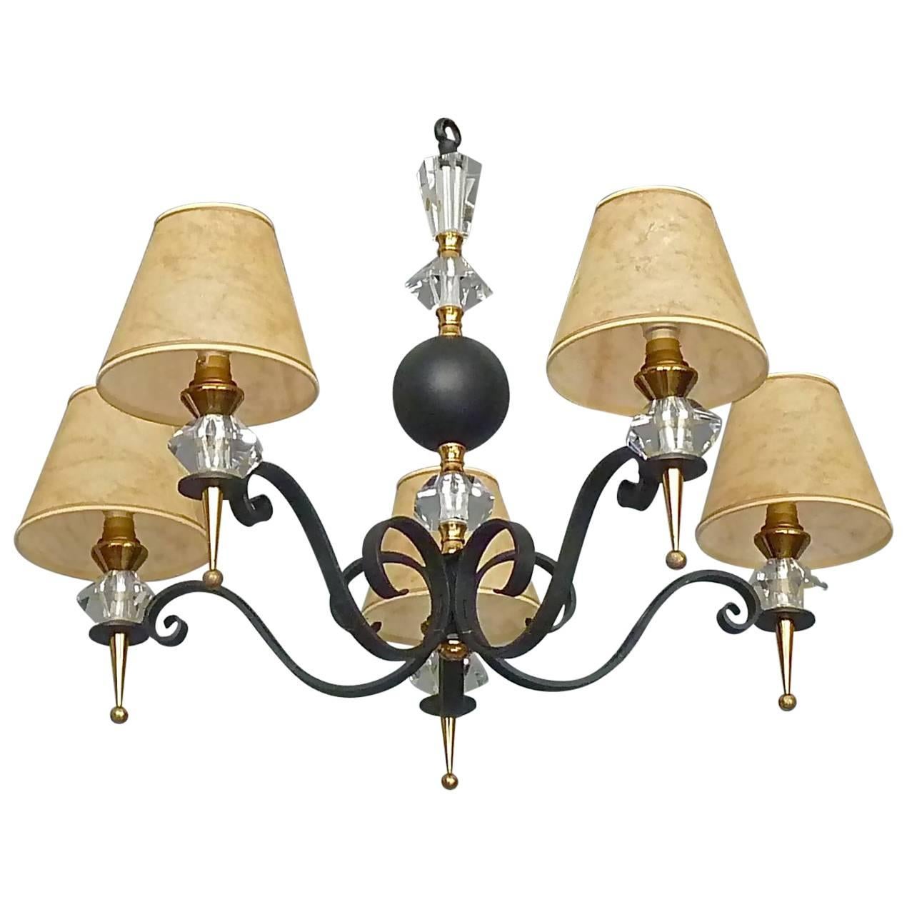 Black Iron Gilt Brass Chandelier Sevres Crystal Glass Fontana Arte Jansen 1950s For Sale