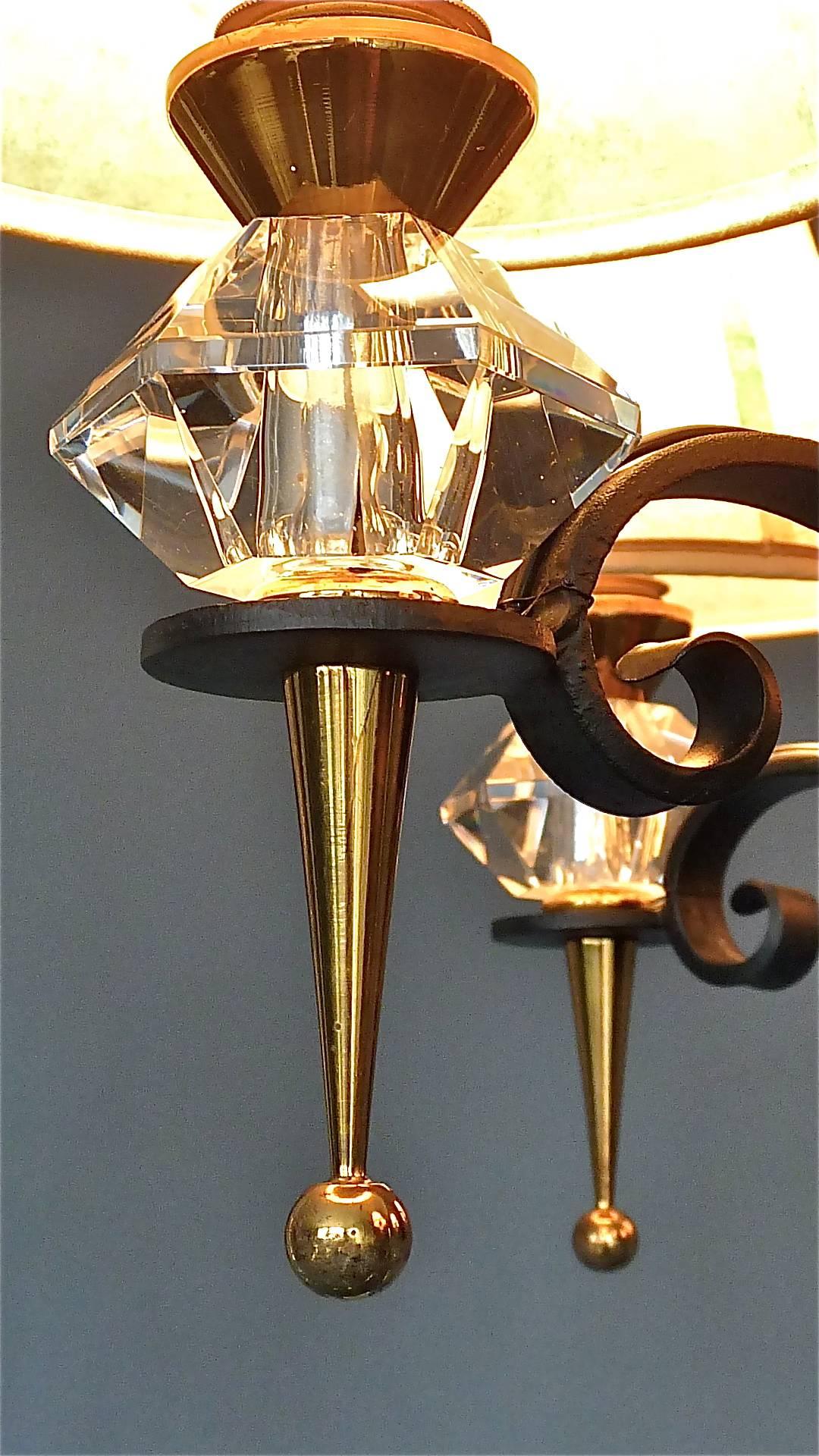 Black Iron Gilt Brass Chandelier Sevres Crystal Glass Fontana Arte Jansen 1950s For Sale 7