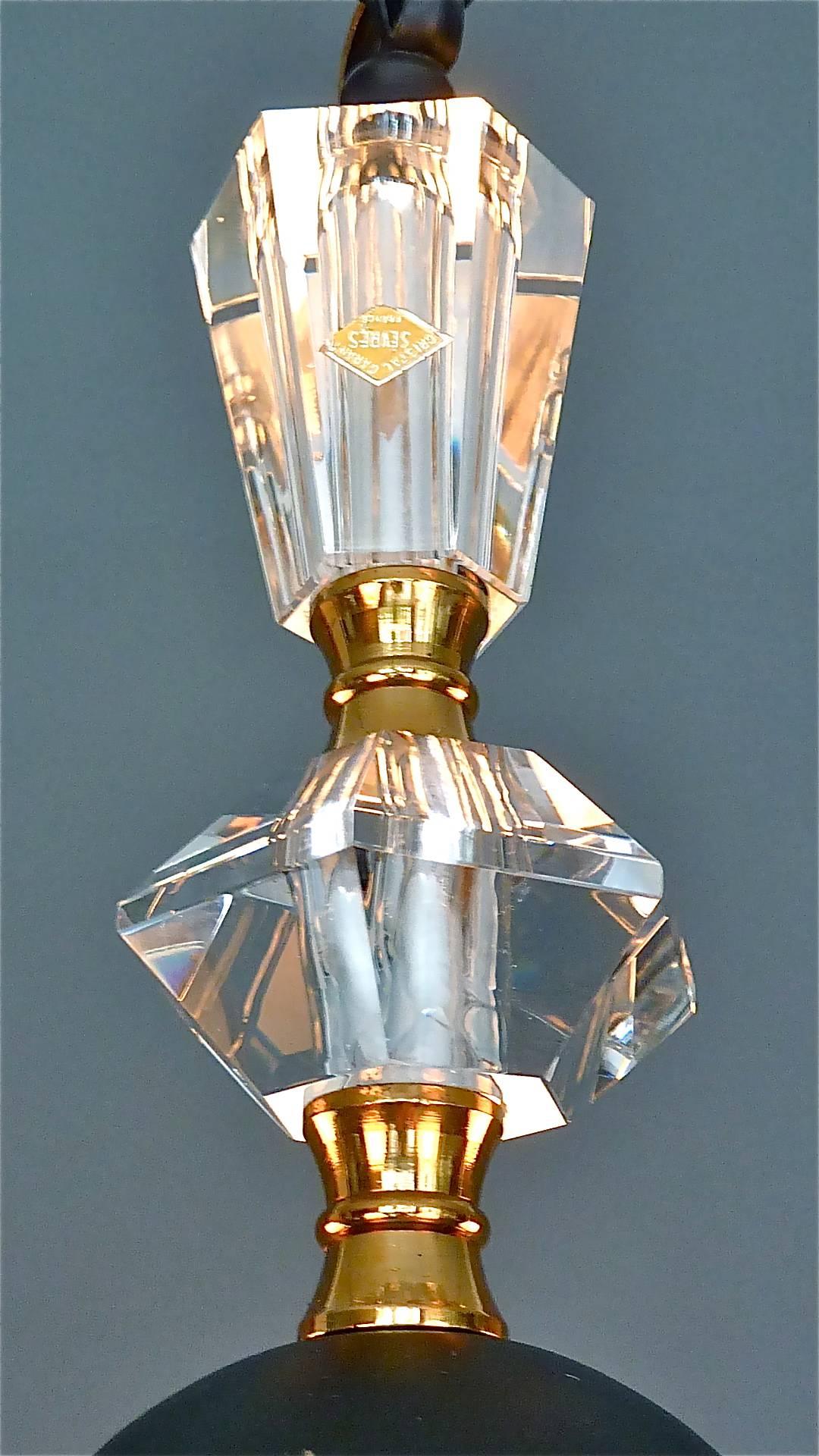 Black Iron Gilt Brass Chandelier Sevres Crystal Glass Fontana Arte Jansen 1950s For Sale 8