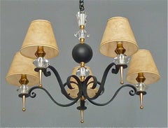 Black Iron Gilt Brass Chandelier Sevres Crystal Glass Fontana Arte Jansen 1950s
