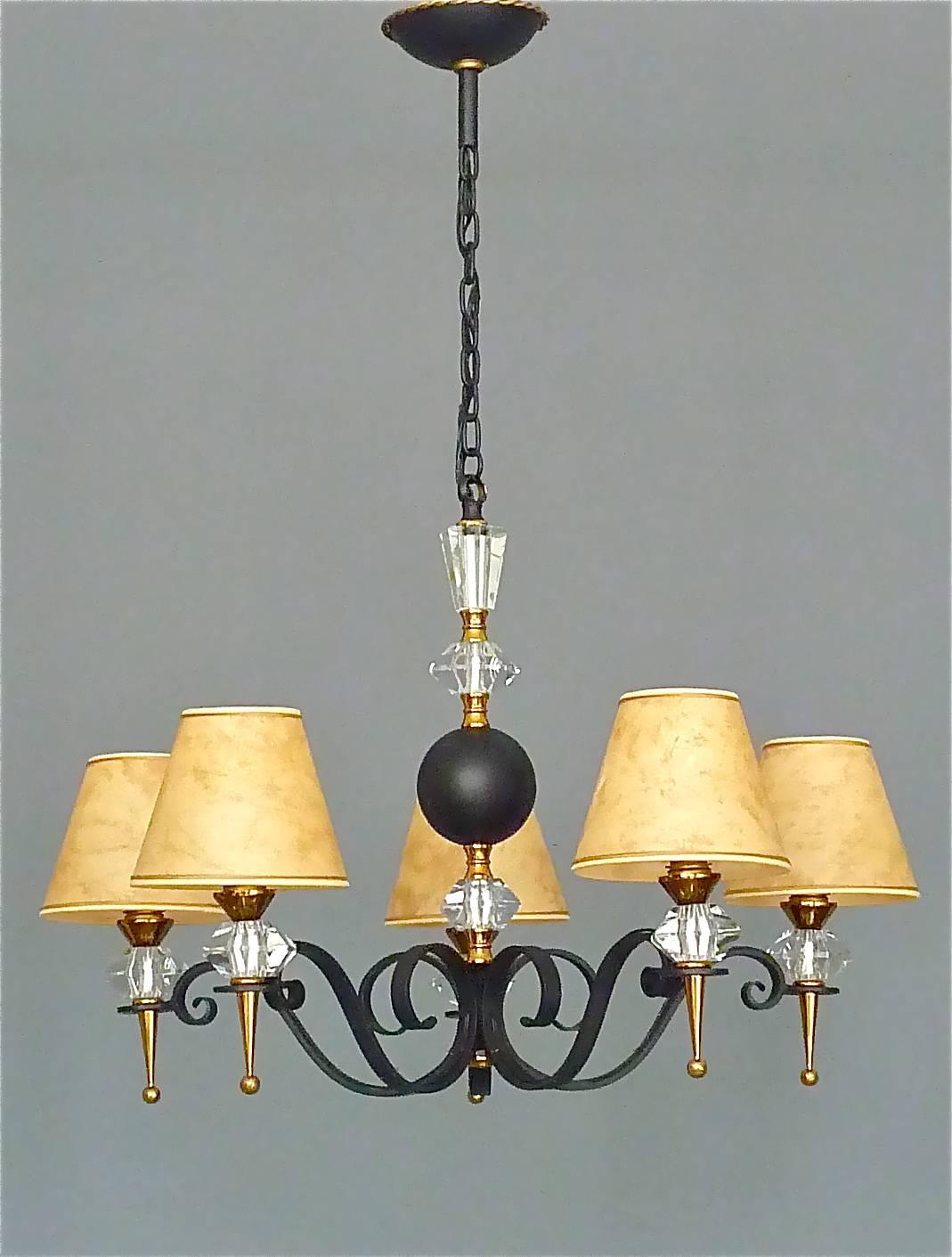 Mid-Century Modern Black Iron Gilt Brass Chandelier Sevres Crystal Glass Fontana Arte Jansen 1950s For Sale