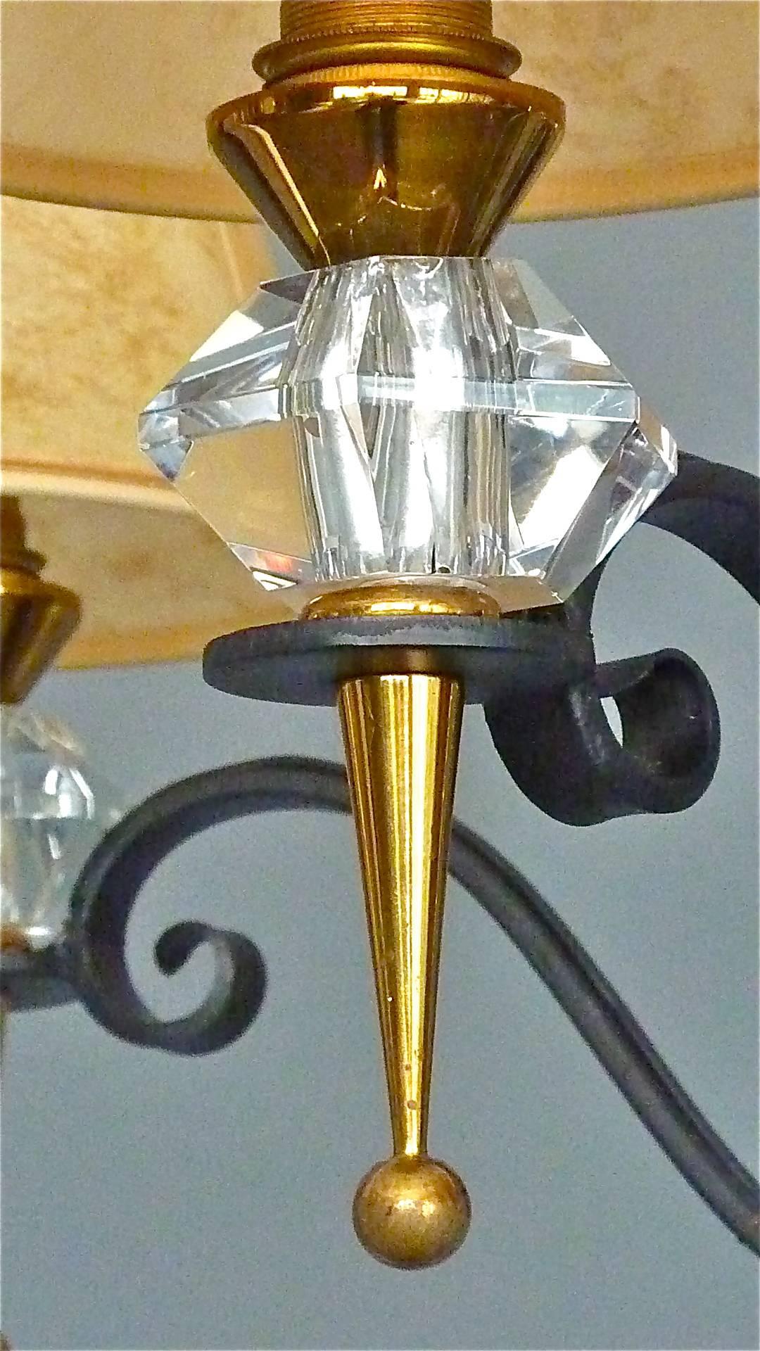 Black Iron Gilt Brass Chandelier Sevres Crystal Glass Fontana Arte Jansen 1950s In Good Condition For Sale In Nierstein am Rhein, DE