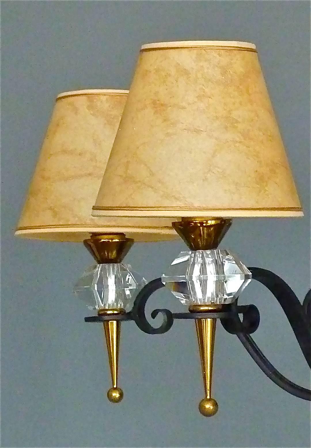 Mid-20th Century Black Iron Gilt Brass Chandelier Sevres Crystal Glass Fontana Arte Jansen 1950s For Sale