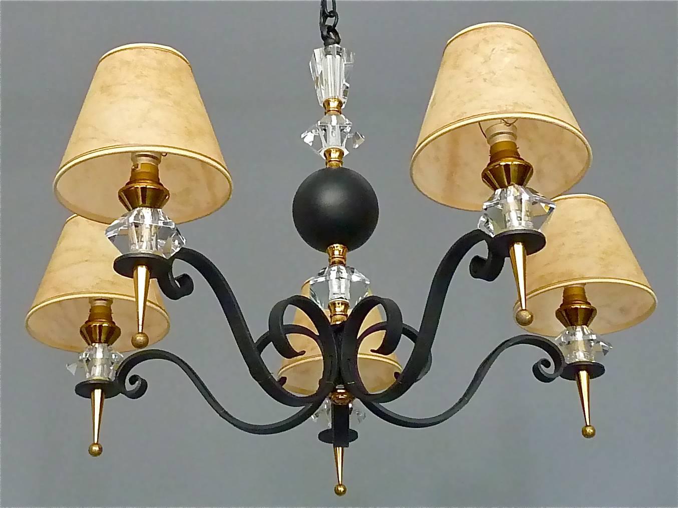 Black Iron Gilt Brass Chandelier Sevres Crystal Glass Fontana Arte Jansen 1950s For Sale 2