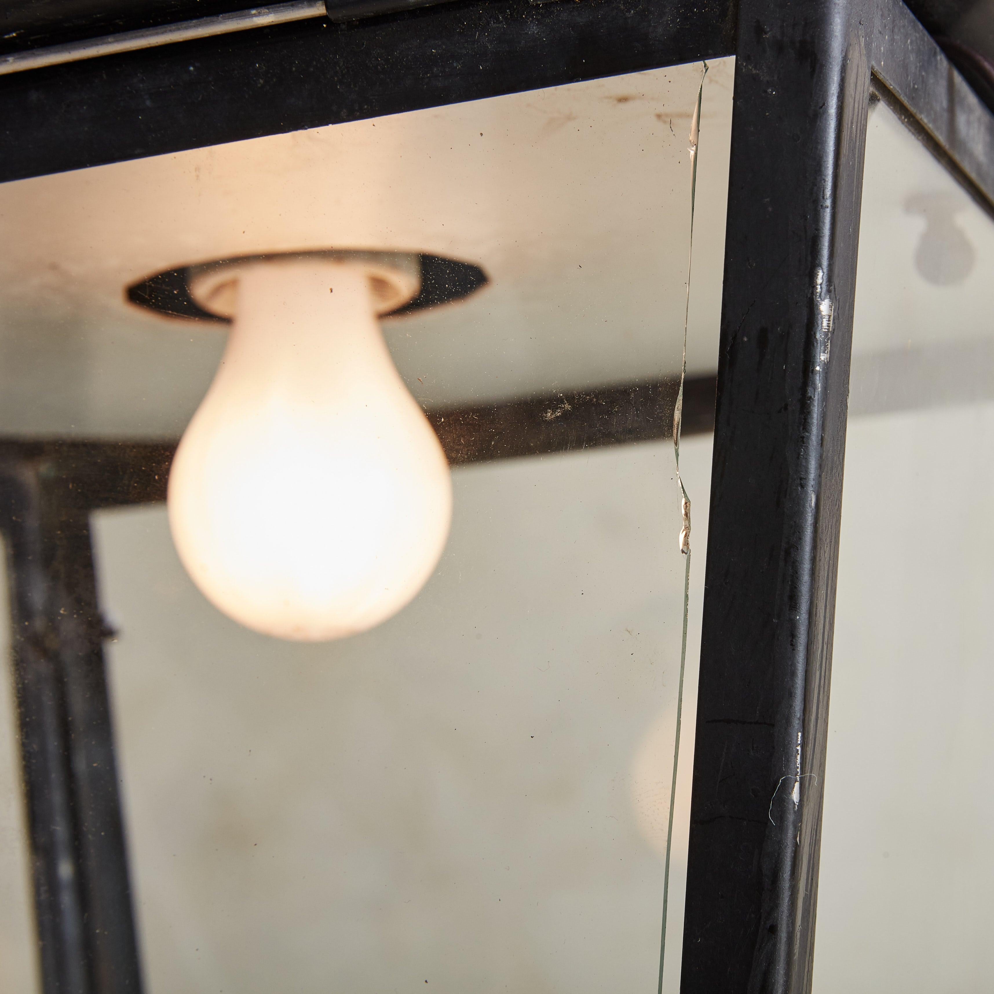 Regency Black Iron + Glass Lantern, France 1960s For Sale