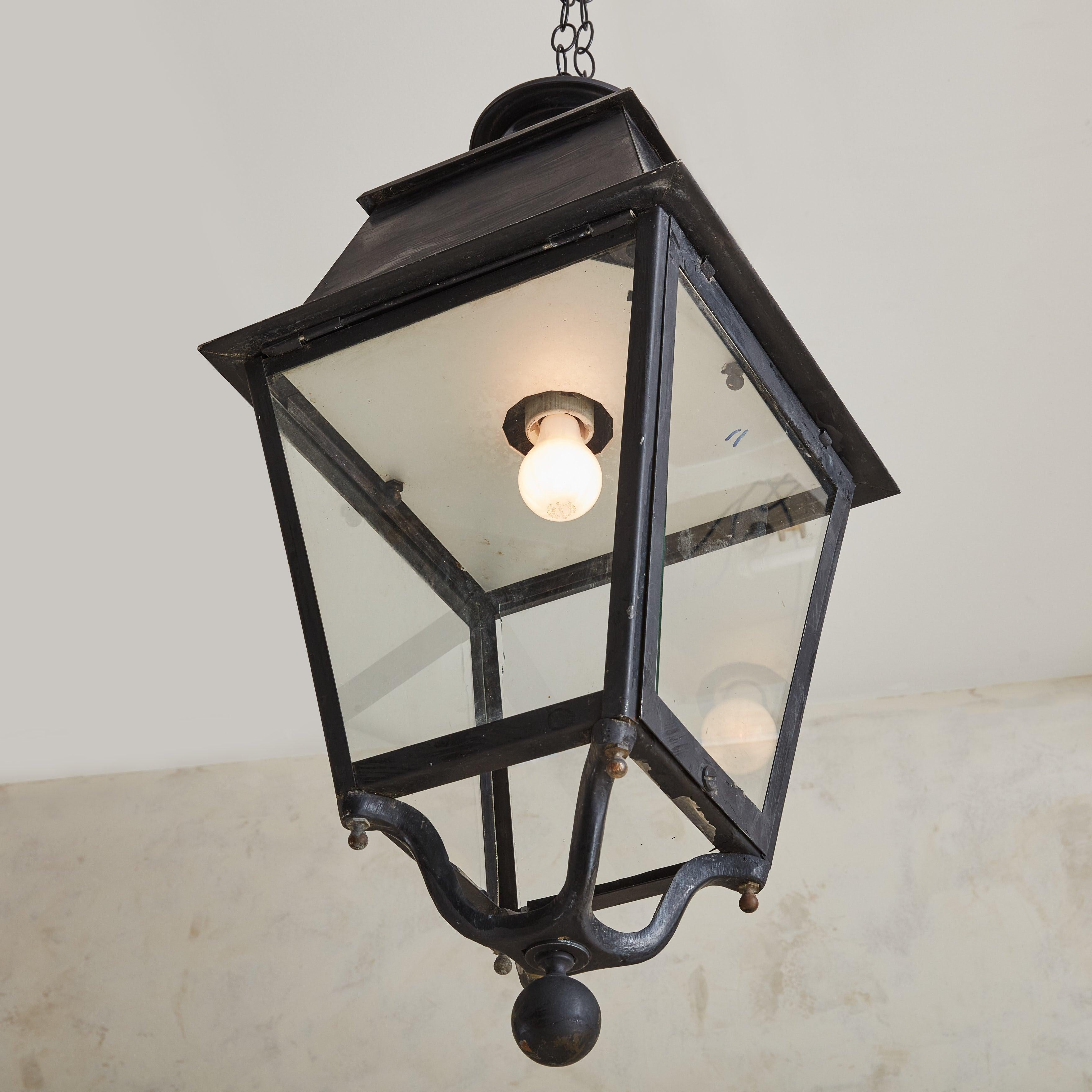 Black Iron + Glass Lantern, France 1960s In Good Condition For Sale In Chicago, IL