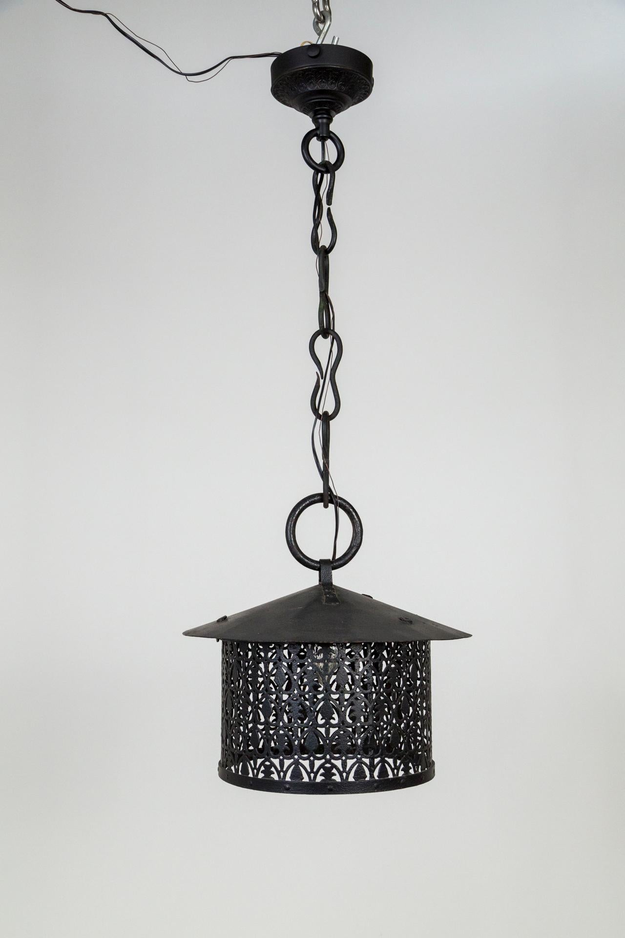 Black Iron Lantern with Decorative Punched Shade In Good Condition For Sale In San Francisco, CA