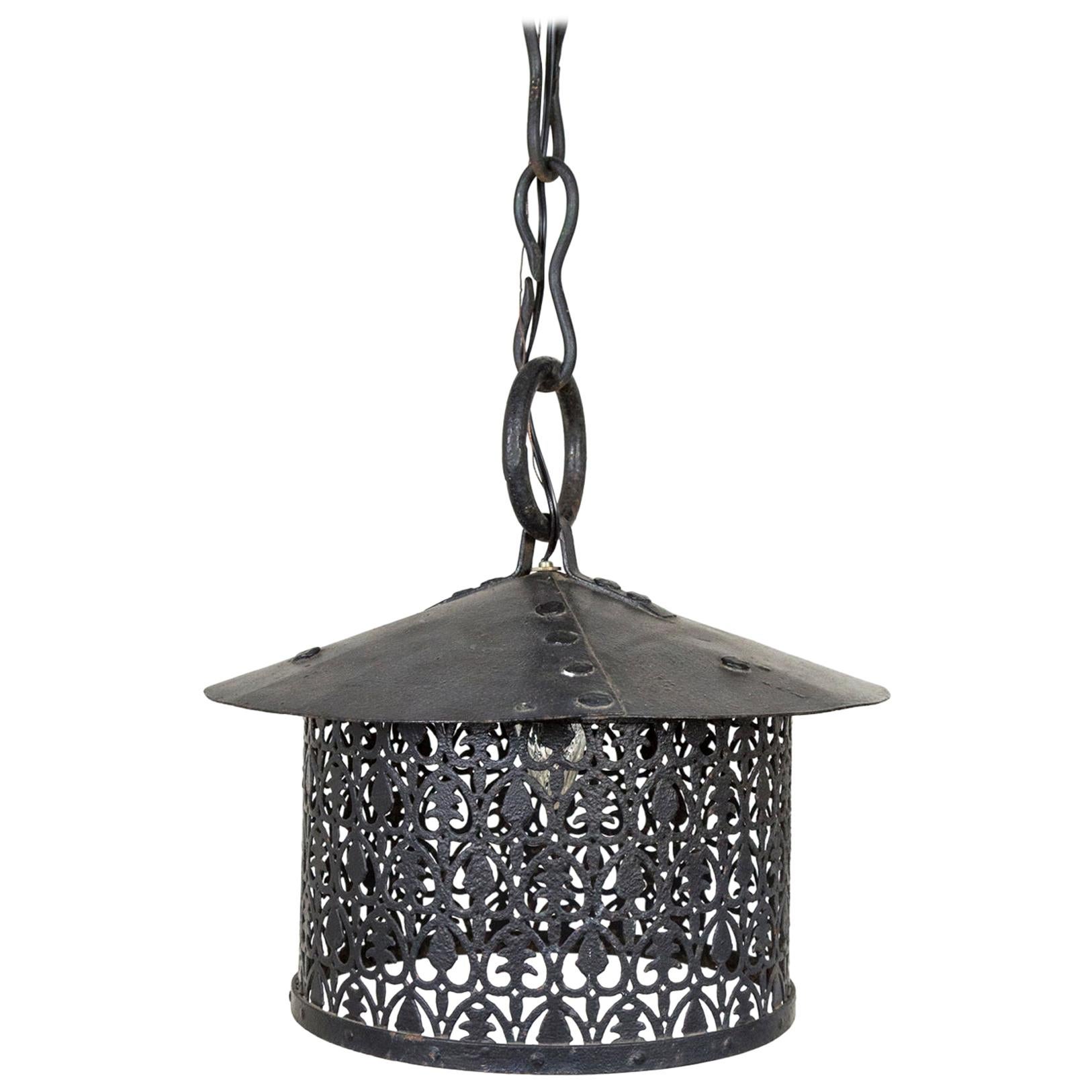 Black Iron Lantern with Decorative Punched Shade For Sale