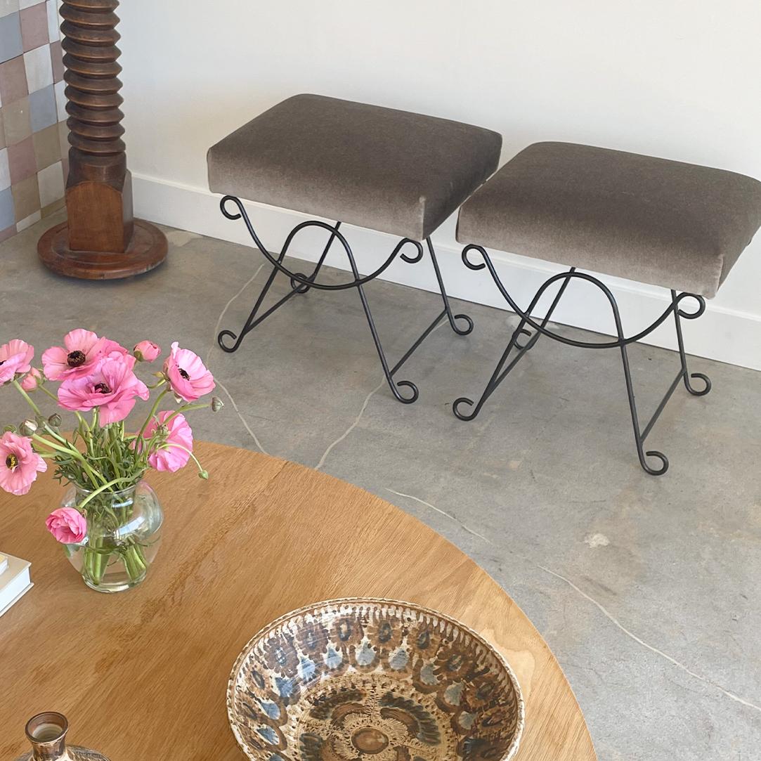 Contemporary Panoplie Iron Loop Stool with Brown Mohair For Sale