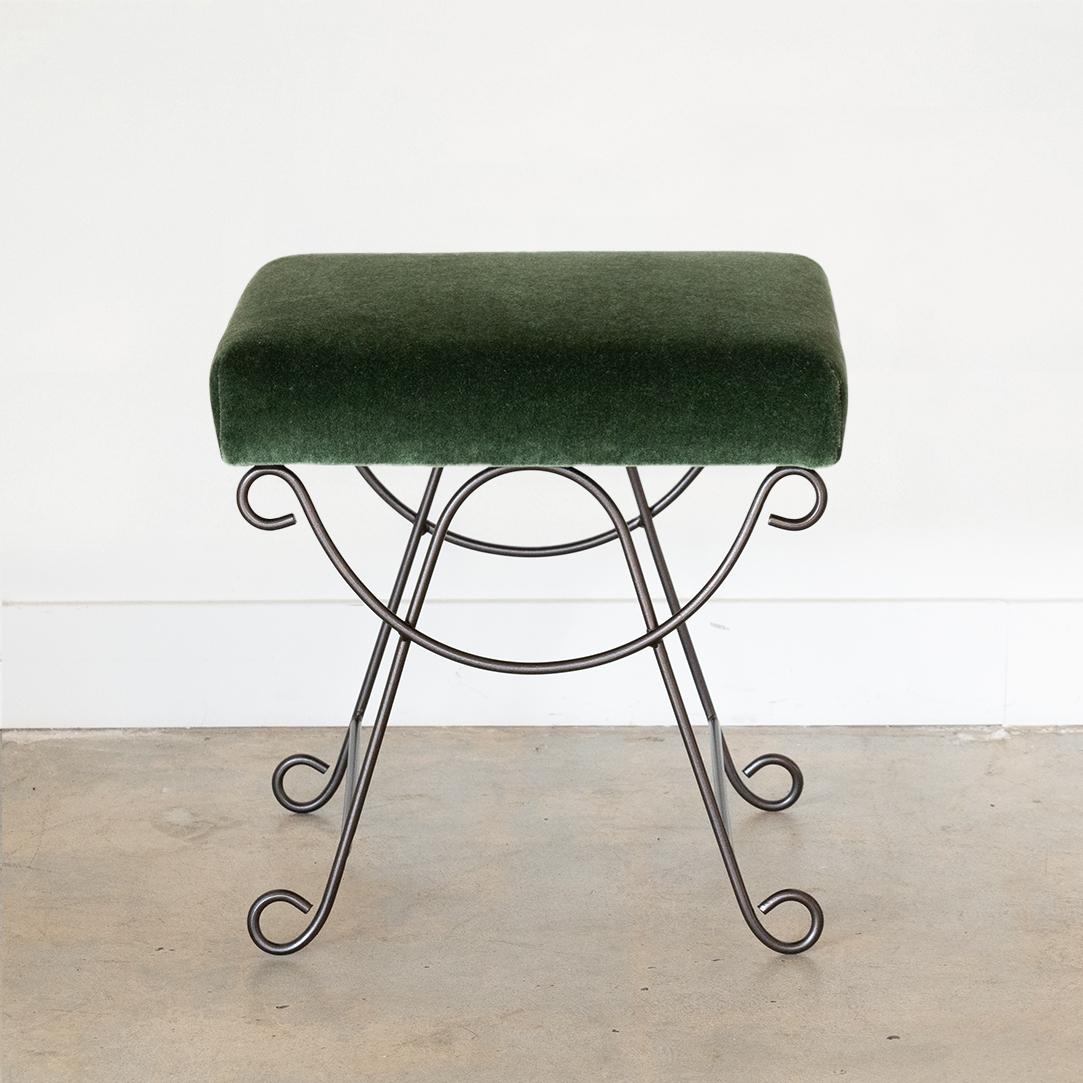 Contemporary Black Iron Loop Stool with Emerald Mohair