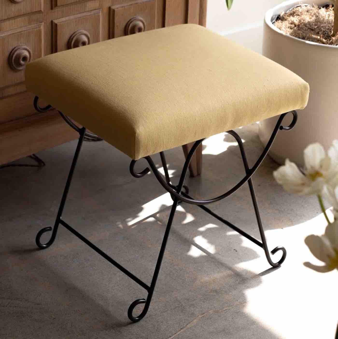 American Panoplie Iron Loop Stool with Yellow Linen For Sale