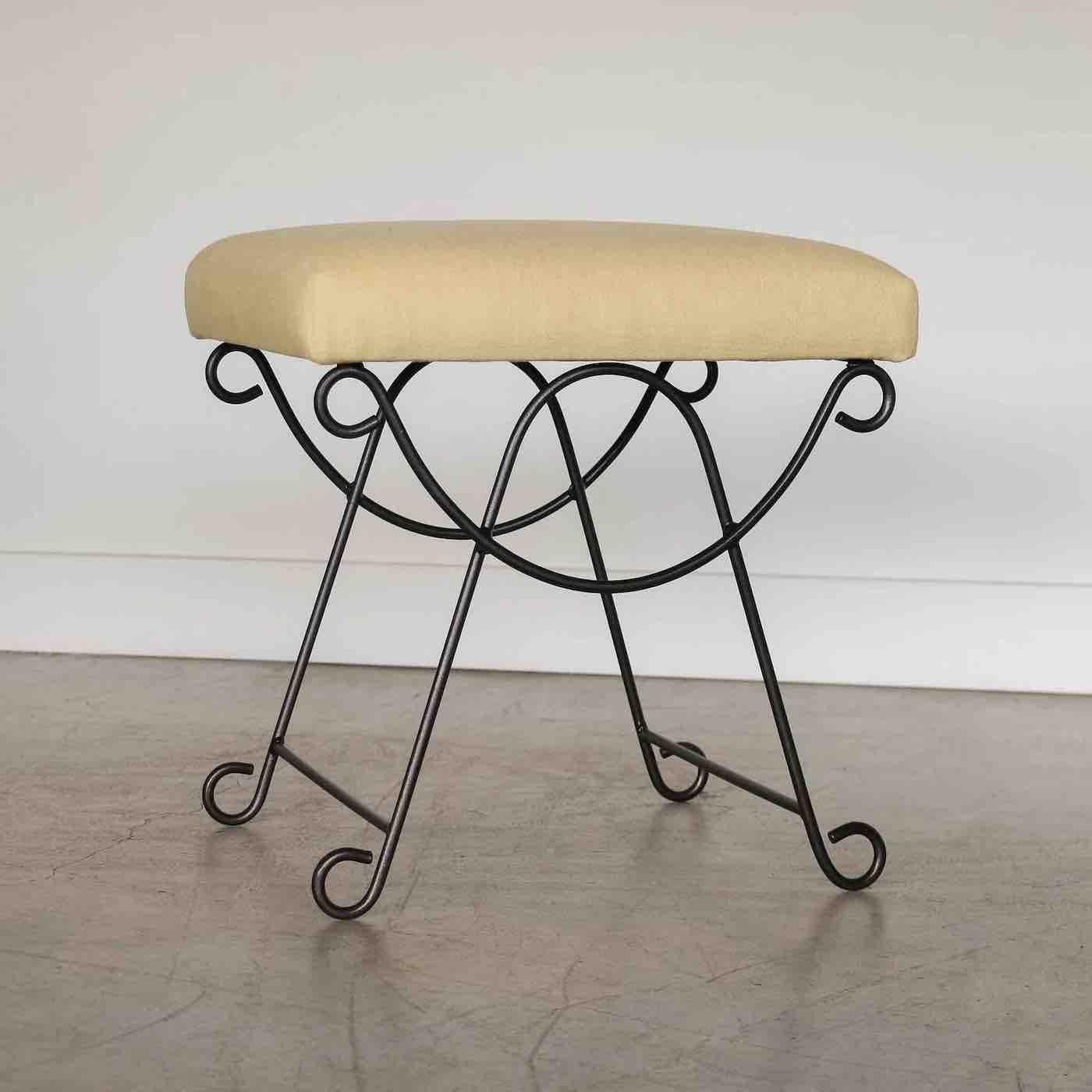 Panoplie Iron Loop Stool with Yellow Linen In New Condition For Sale In Los Angeles, CA