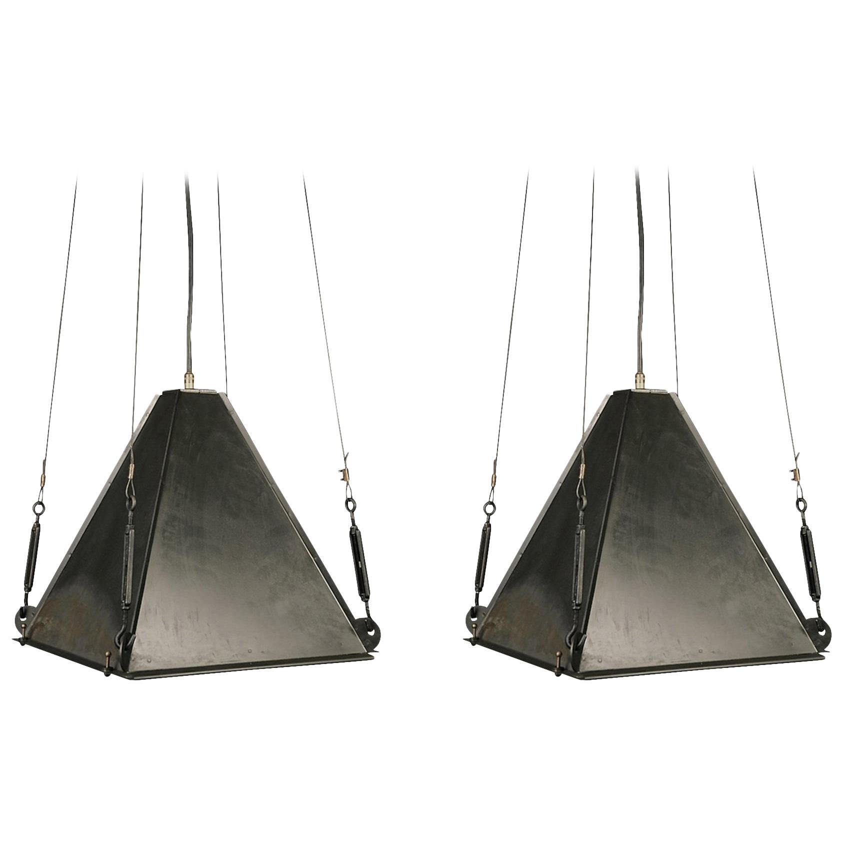 Black Iron Pyramid Shape Vintage Pair of Pendant Lights, Italy, 1950s