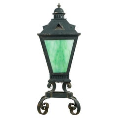 Antique Black Iron Standing Green Slag Glass Non-Electric Lantern