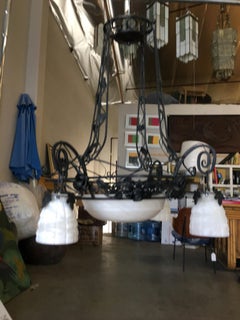 Black Iron Tole 4-Light Chandelier with Alabaster Shades