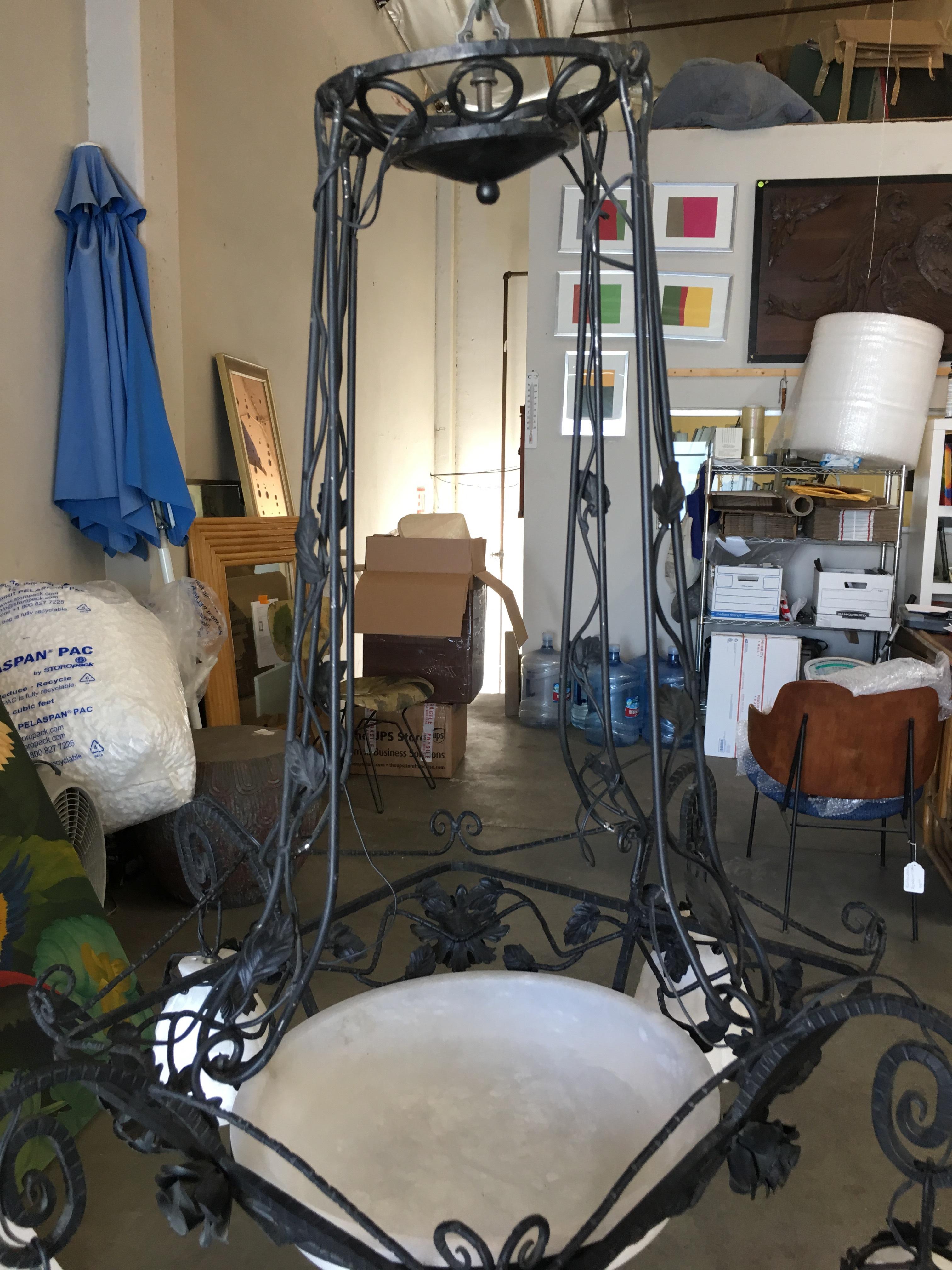 Other Black Iron Tole 4-Light Chandelier with Alabaster Shades For Sale
