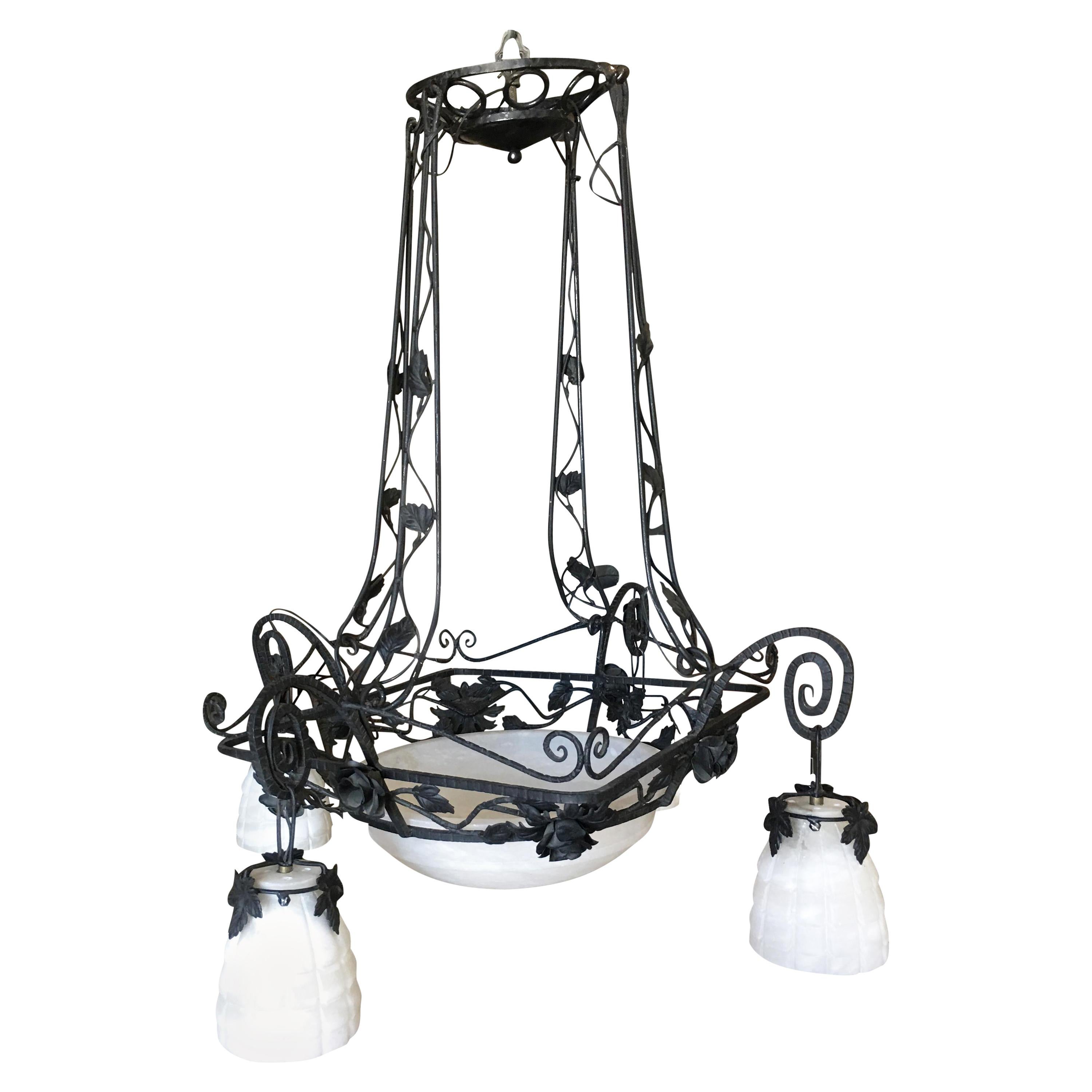 Black Iron Tole 4-Light Chandelier with Alabaster Shades For Sale