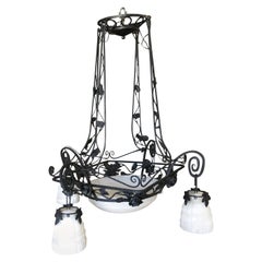 Black Iron Tole 4-Light Chandelier with Alabaster Shades