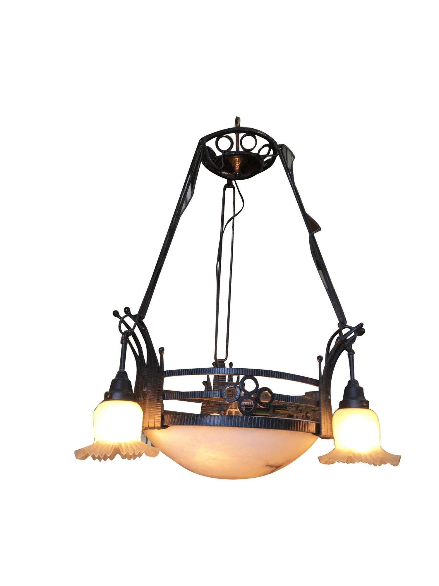 Black Iron Tole 6-Light Chandelier with Alabaster and Acid Patina For Sale 5
