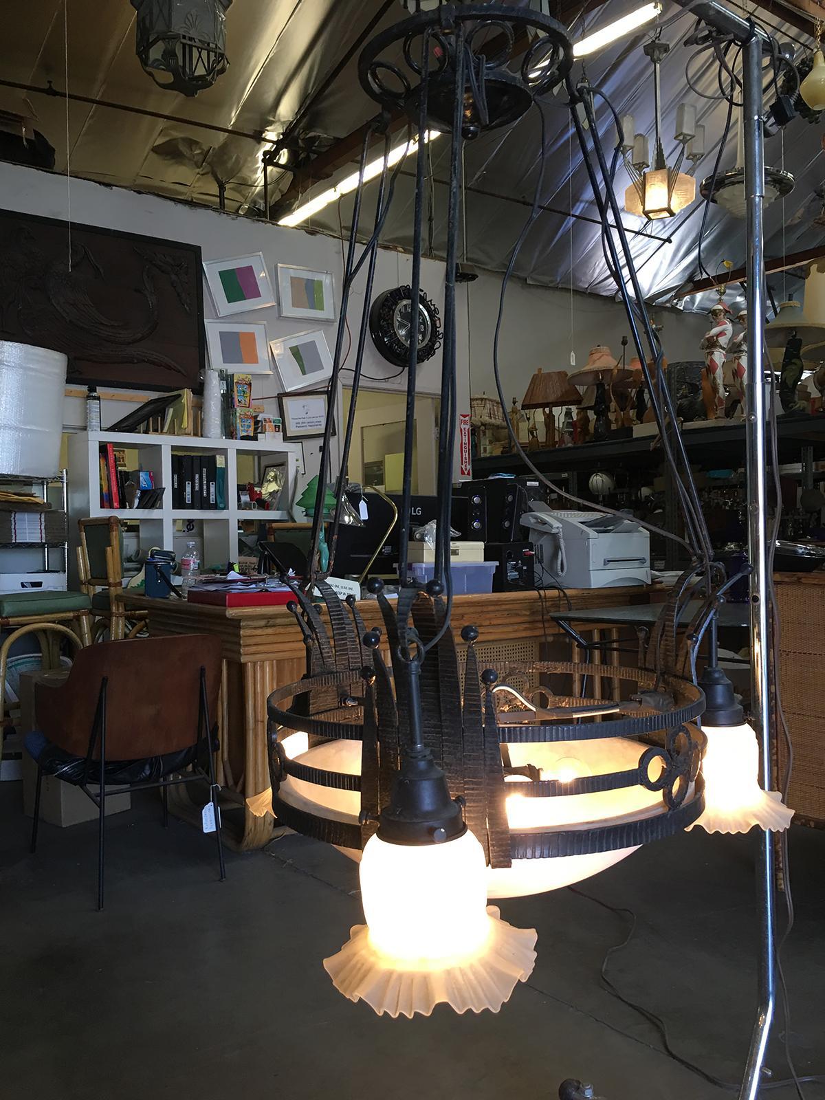Black Iron Tole 6-Light Chandelier with Alabaster and Acid Patina In Excellent Condition For Sale In Van Nuys, CA