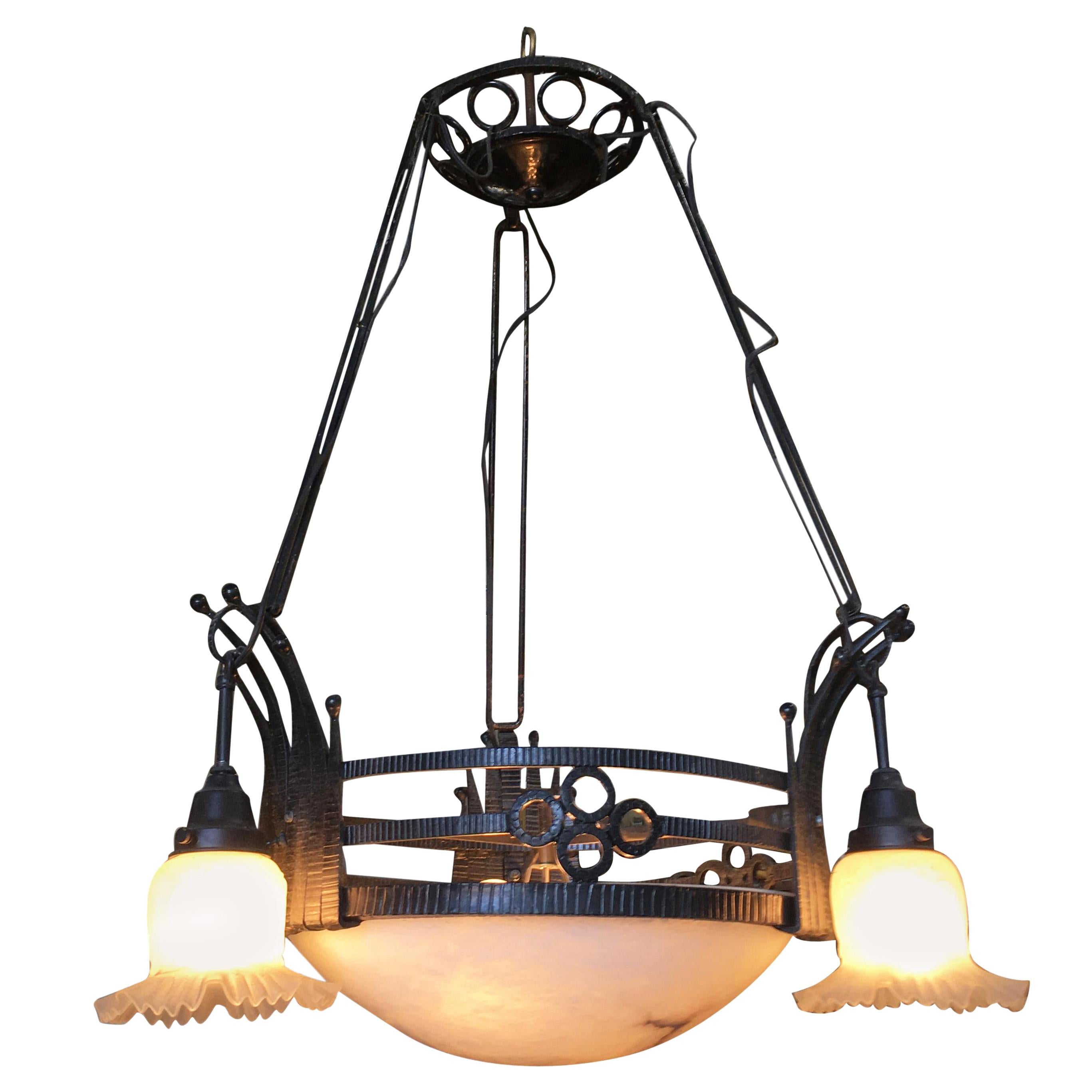 Black Iron Tole 6-Light Chandelier with Alabaster and Acid Patina For Sale