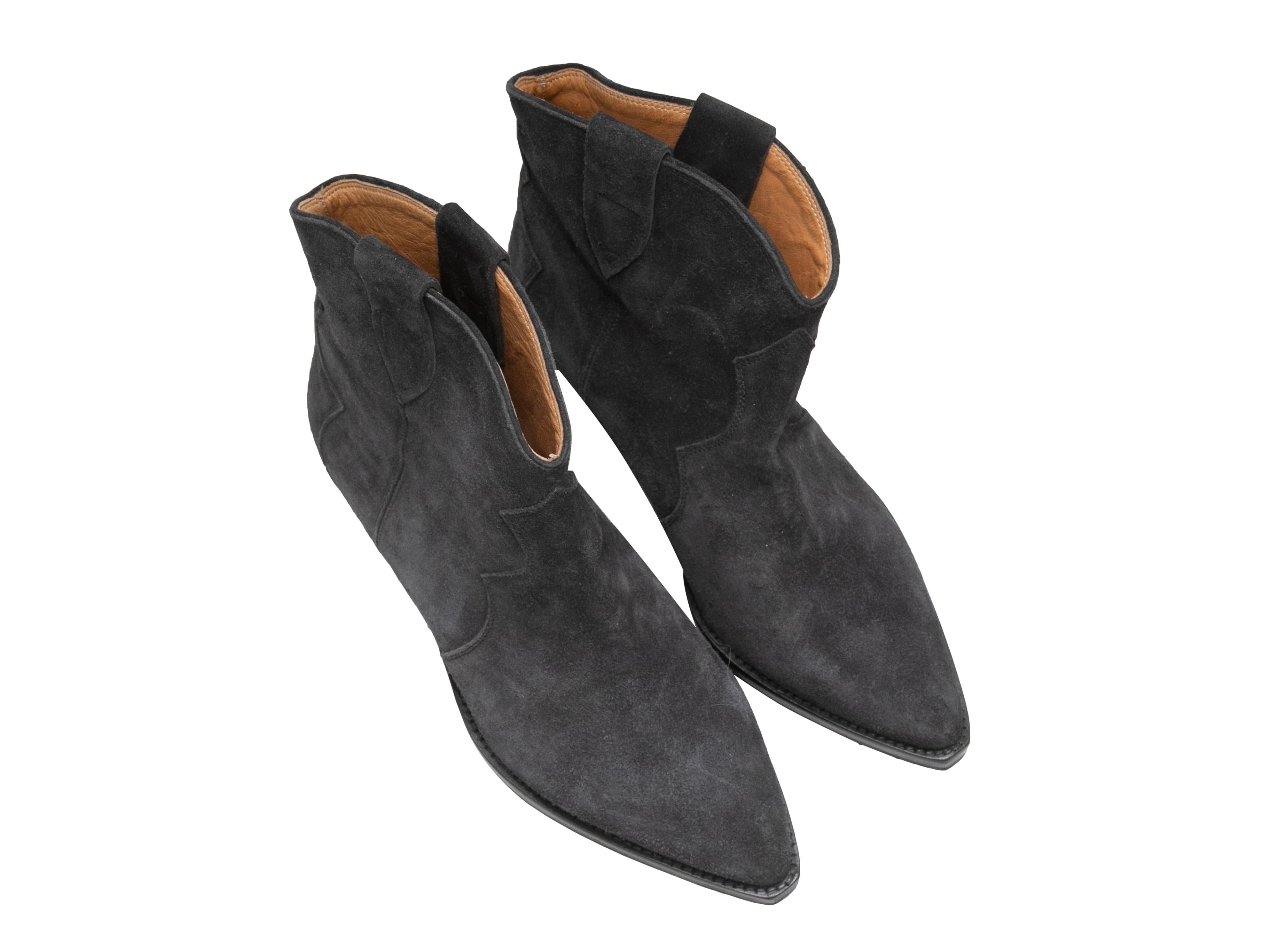 Black suede pointed-toe western ankle boots by Isabel Marant. Pull-on style. Stacked heels. 5