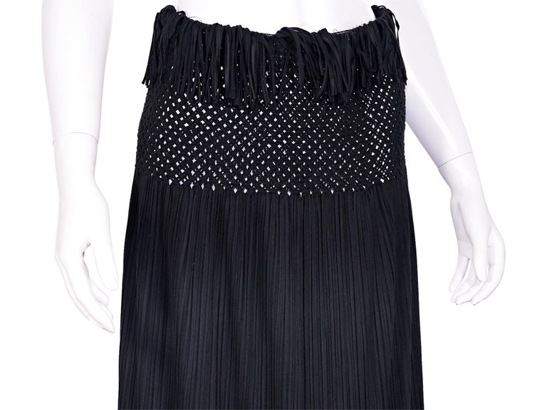 Issey Miyake Black Plissé Fringe-Trimmed Midi Skirt For Sale at 1stDibs