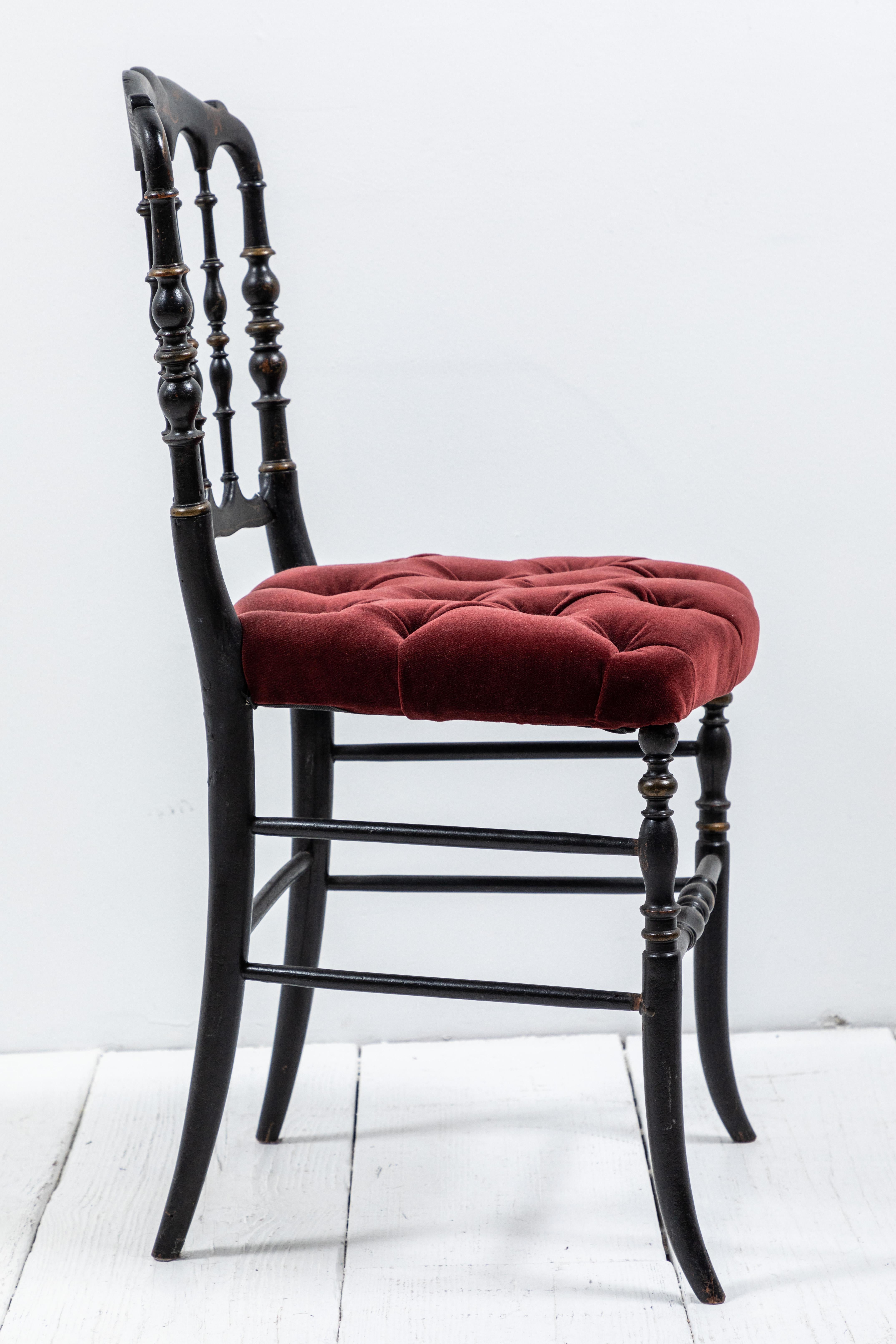 Mid-20th Century Black Italian Chiavari Chair with Burgundy Velvet Tufted Seats