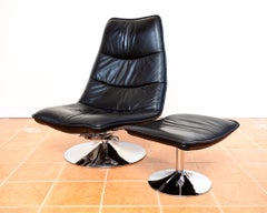 Black Italian Leather Lounge Chair & Footstool Swivel Tilt Chrome 1970s Vintage
