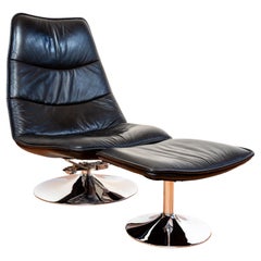 Black Italian Leather Lounge Chair & Footstool Swivel Tilt Chrome 1970s Vintage