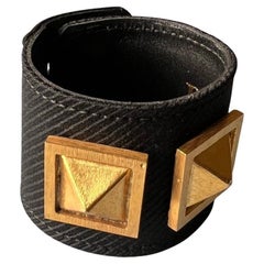 Black Italian Leather Studded Cuff Bracelet Vintage Gold Hardware  J DAUPHIN
