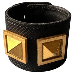 Black Italian Leather Studded Cuff Bracelet Vintage Gold Hardware  J DAUPHIN