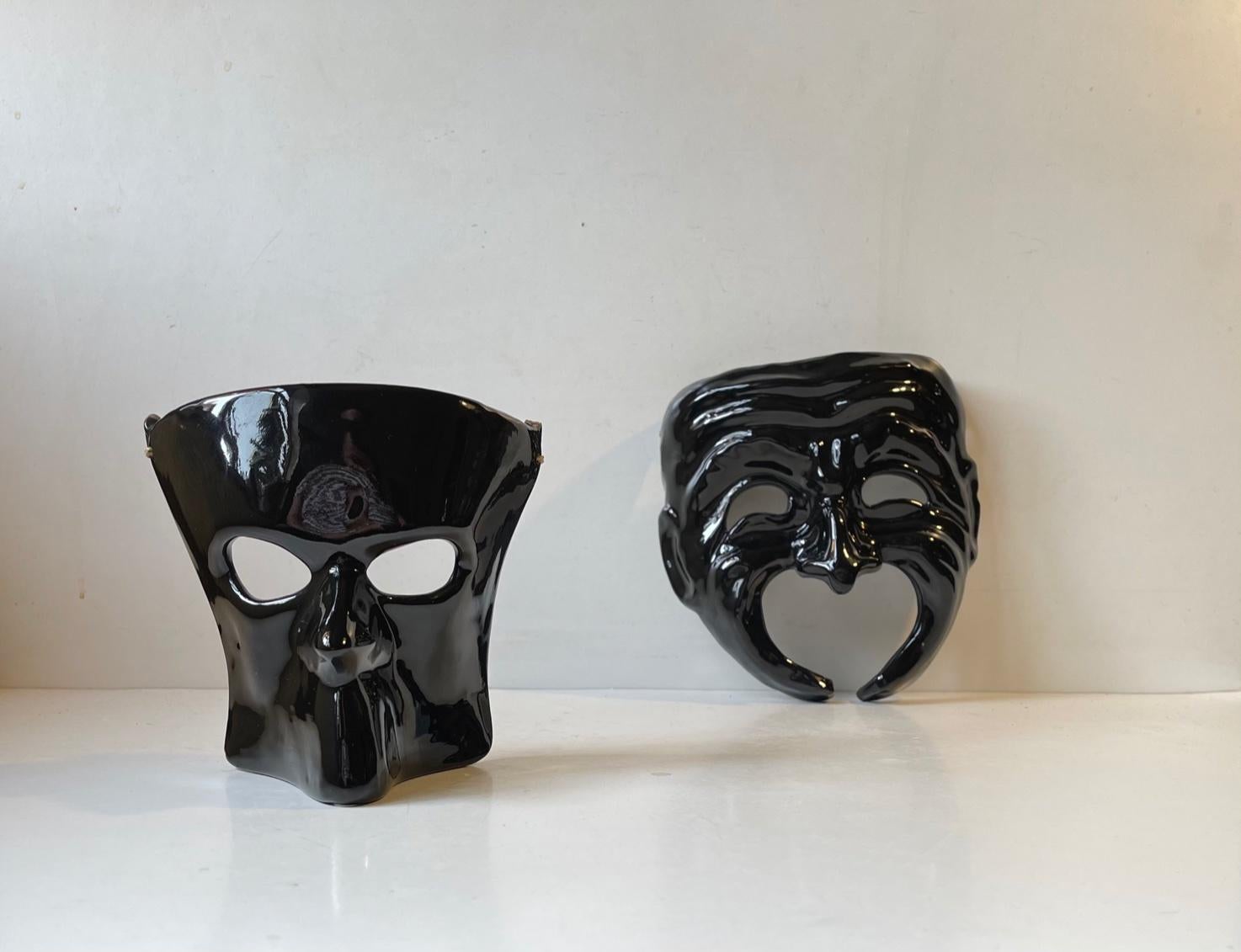 Glazed Black Italian Masquerade Face or Wall Masks, Signed Ca'd'Oro Venezia 1982 For Sale