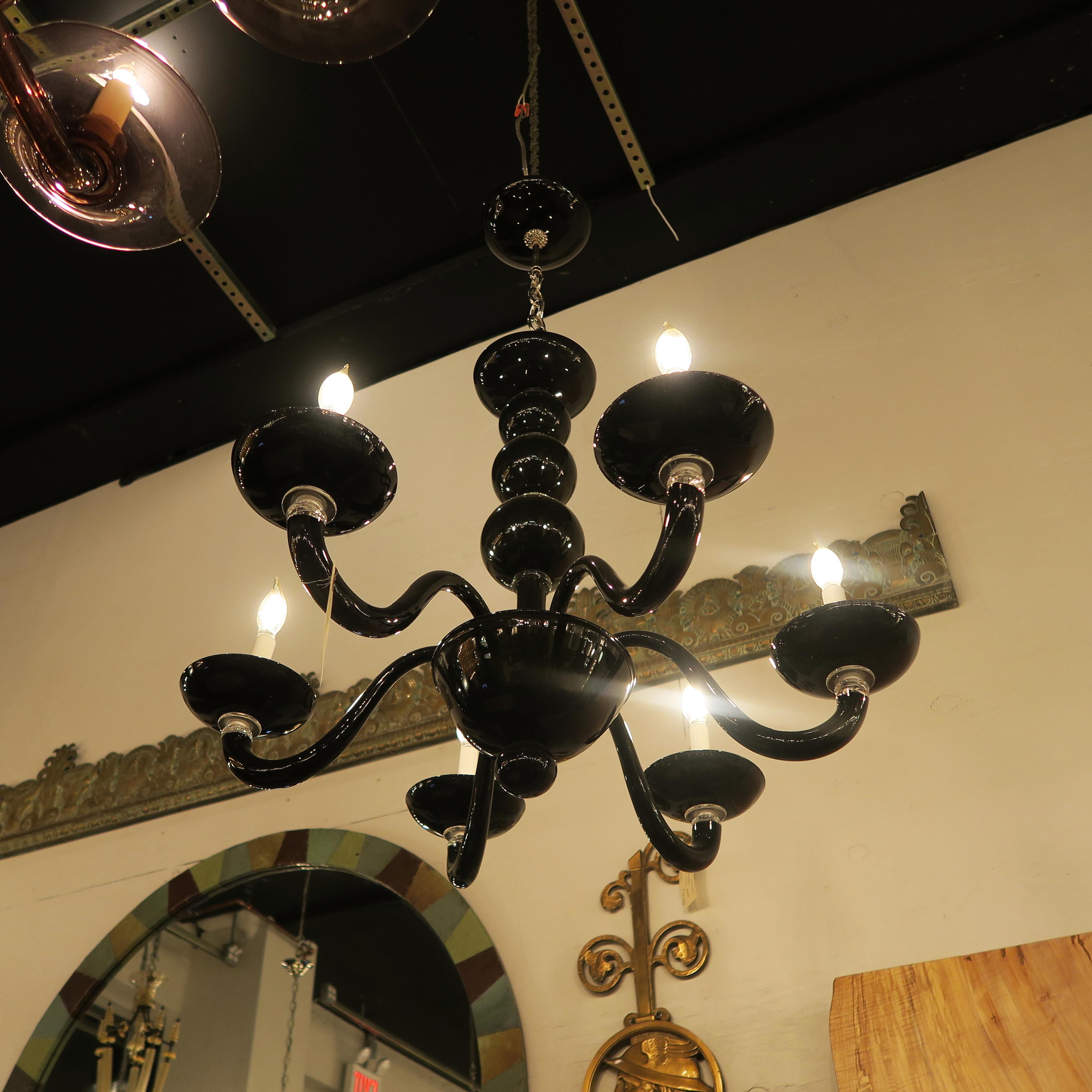 Black Italian Mid-Century Modern Murano Blown Glass Six-Arm Chandelier In Good Condition In New York, NY