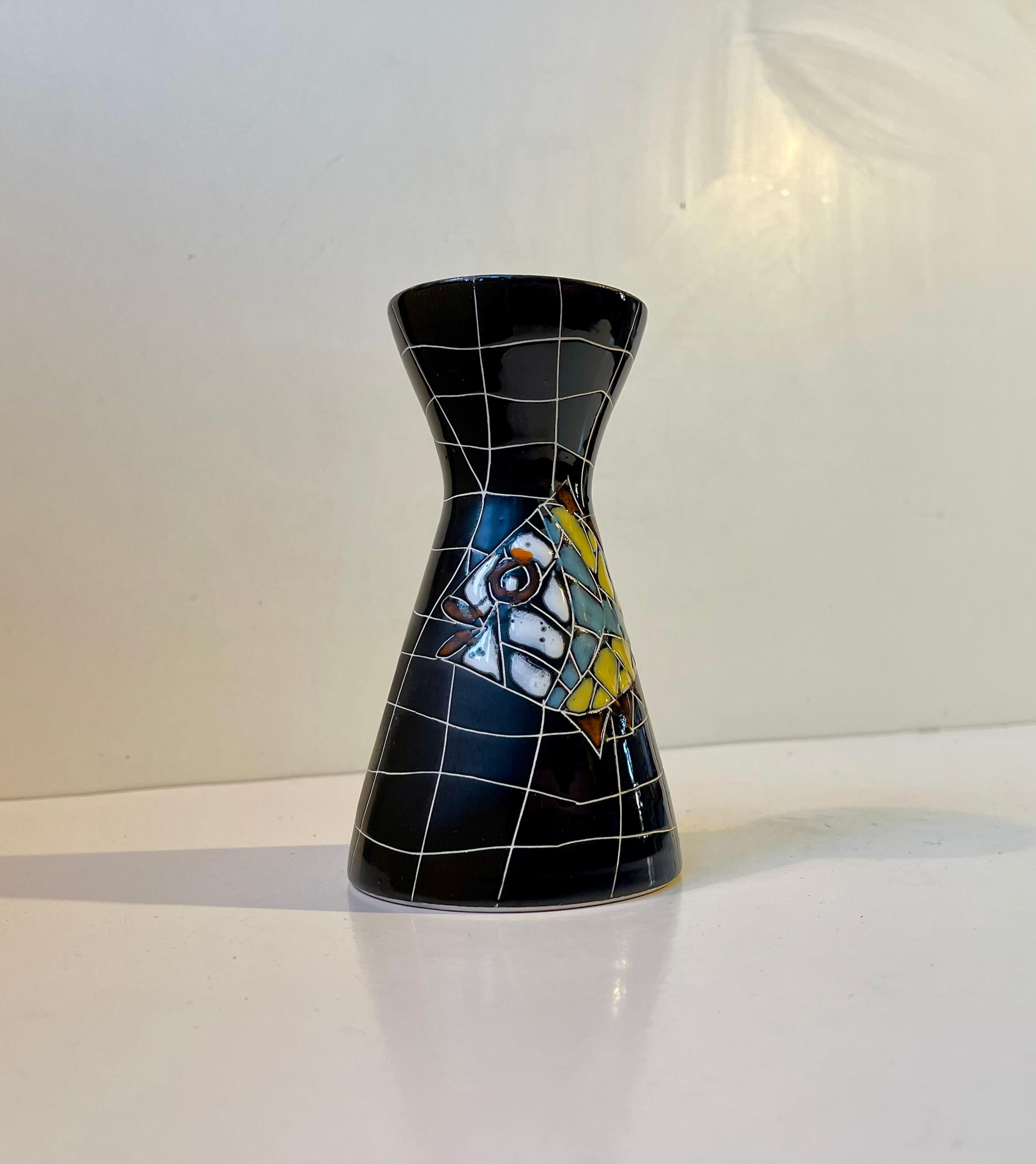 Mid-Century Modern Black Italian Modern Diablo Vase with Naive Whimsical Fish, 1960s For Sale