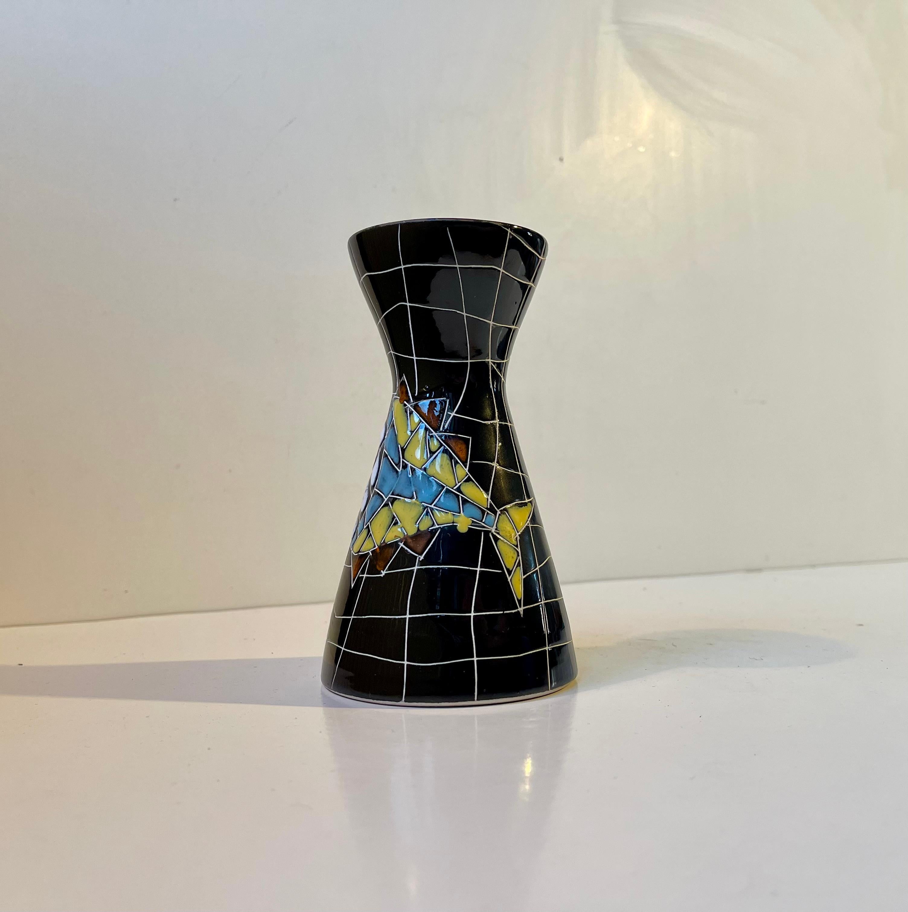 Glazed Black Italian Modern Diablo Vase with Naive Whimsical Fish, 1960s For Sale