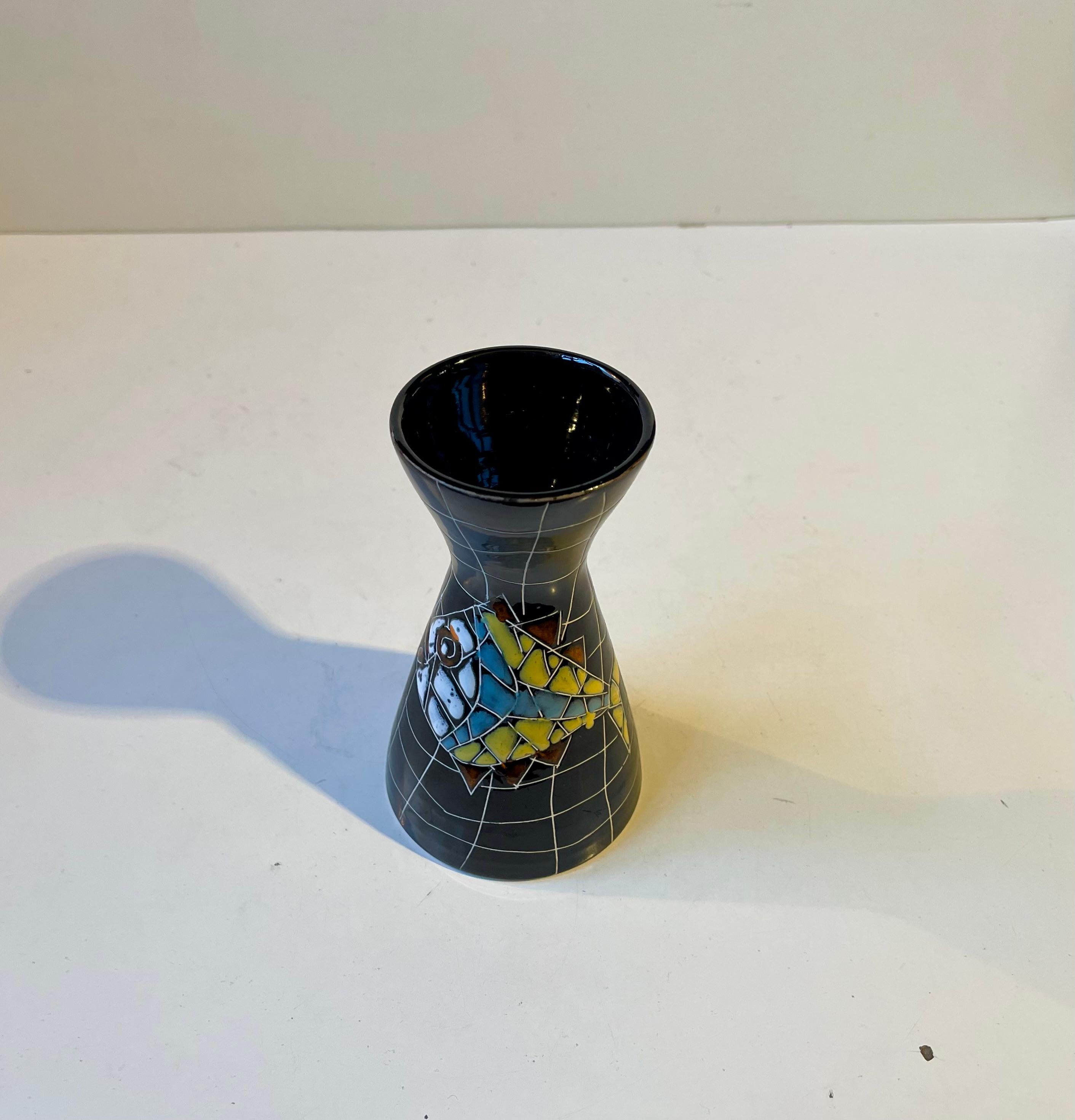 Black Italian Modern Diablo Vase with Naive Whimsical Fish, 1960s In Good Condition For Sale In Esbjerg, DK