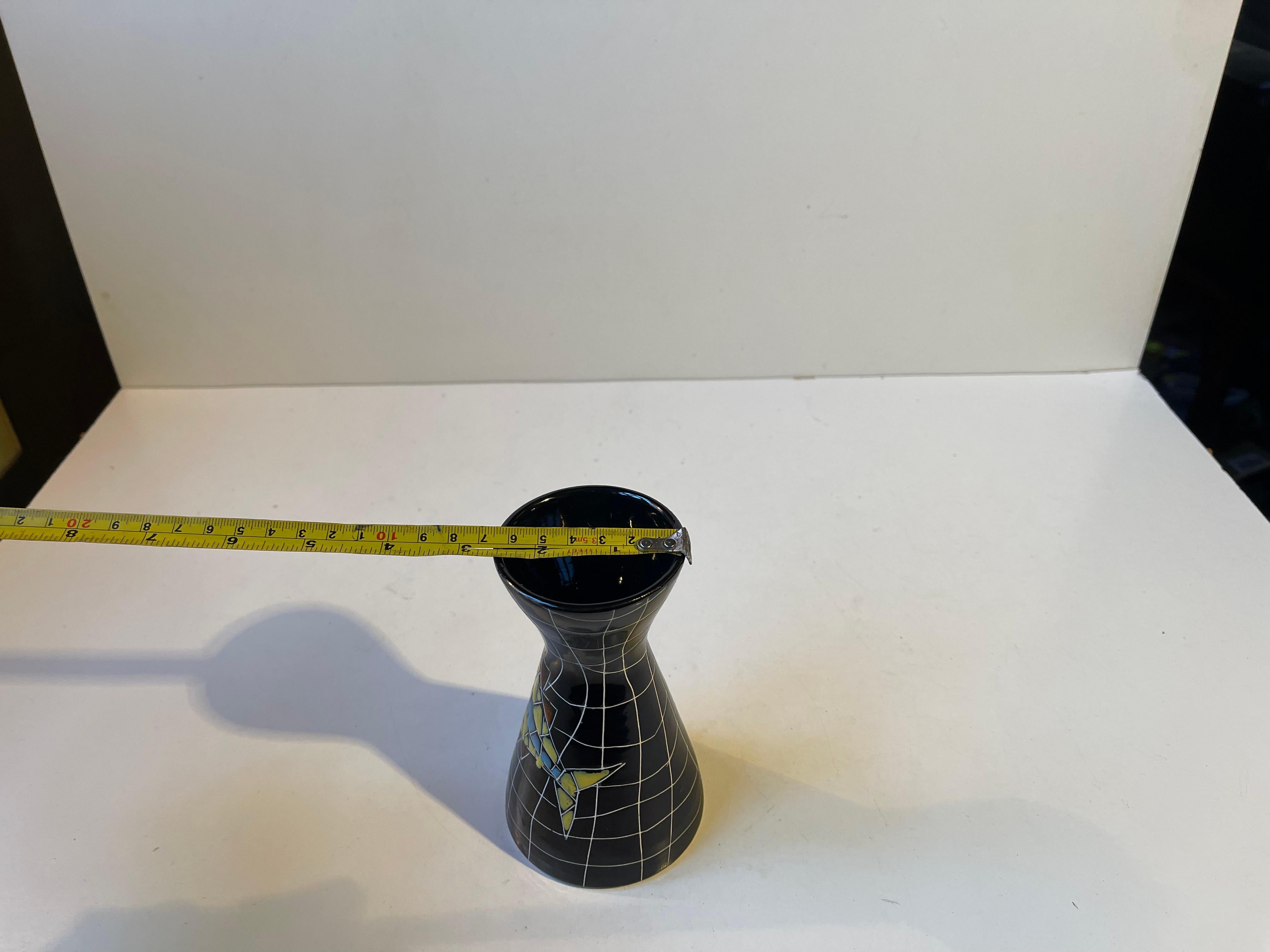 Porcelain Black Italian Modern Diablo Vase with Naive Whimsical Fish, 1960s For Sale