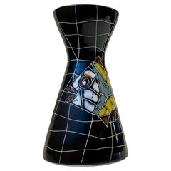 Black Italian Modern Diablo Vase with Naive Whimsical Fish, 1960s