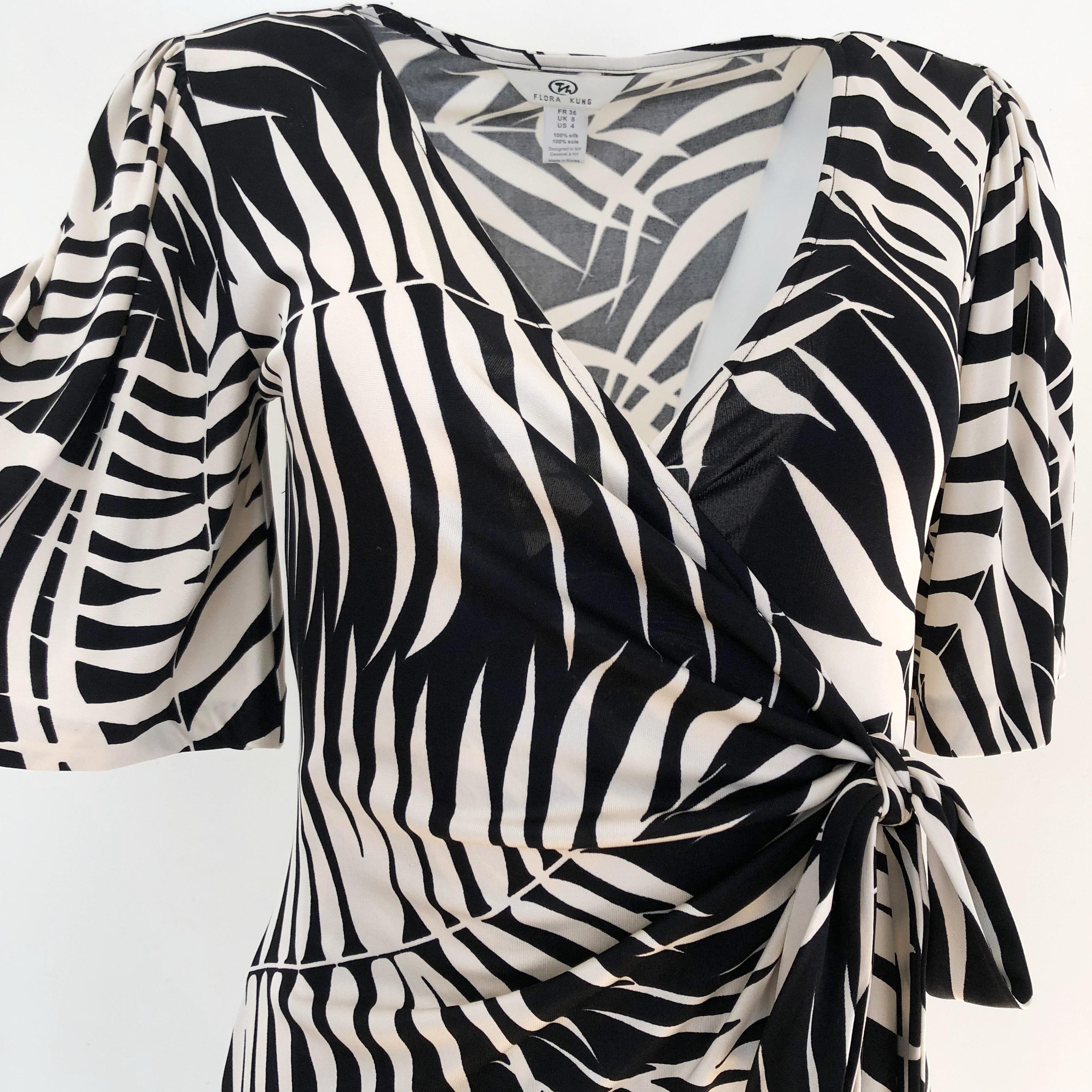 Black ivory print silk jersey wrap dress NWT Flora Kung - sizes  In New Condition In Boston, MA