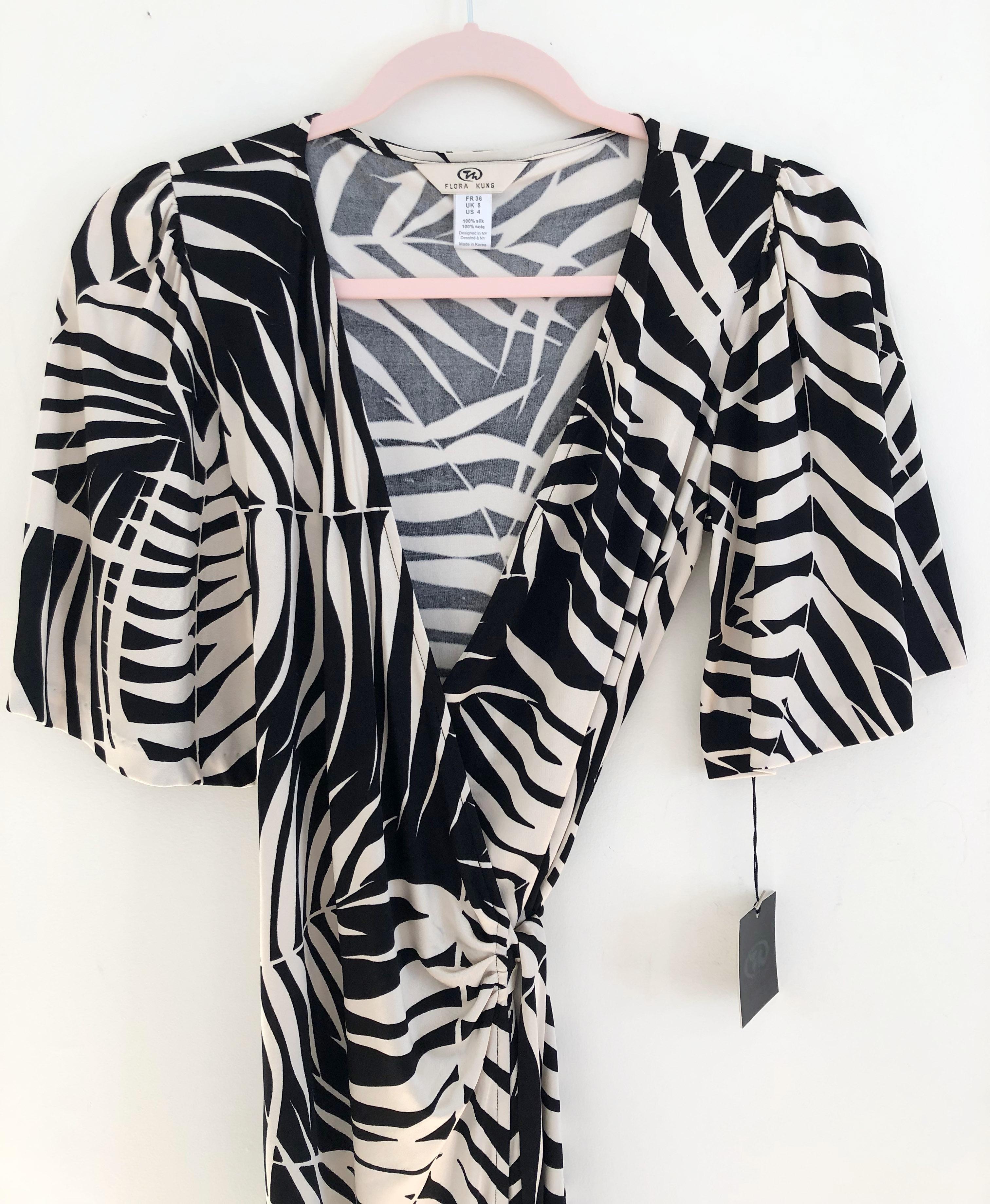 Black ivory print silk jersey wrap dress NWT Flora Kung - sizes  1