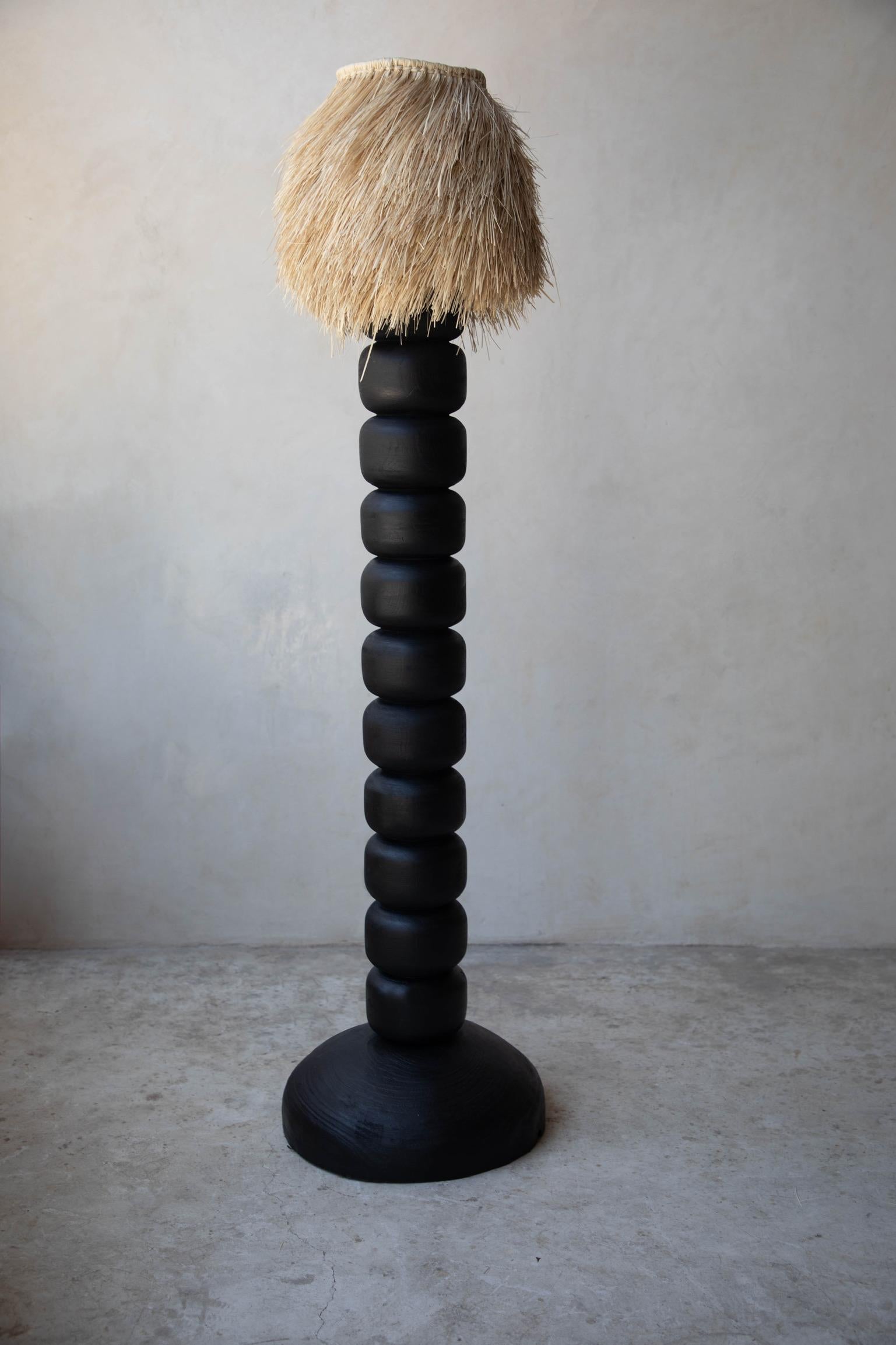 Mexican Black Jabin Wood Floor Lamp with Linen Screen by Daniel Orozco For Sale