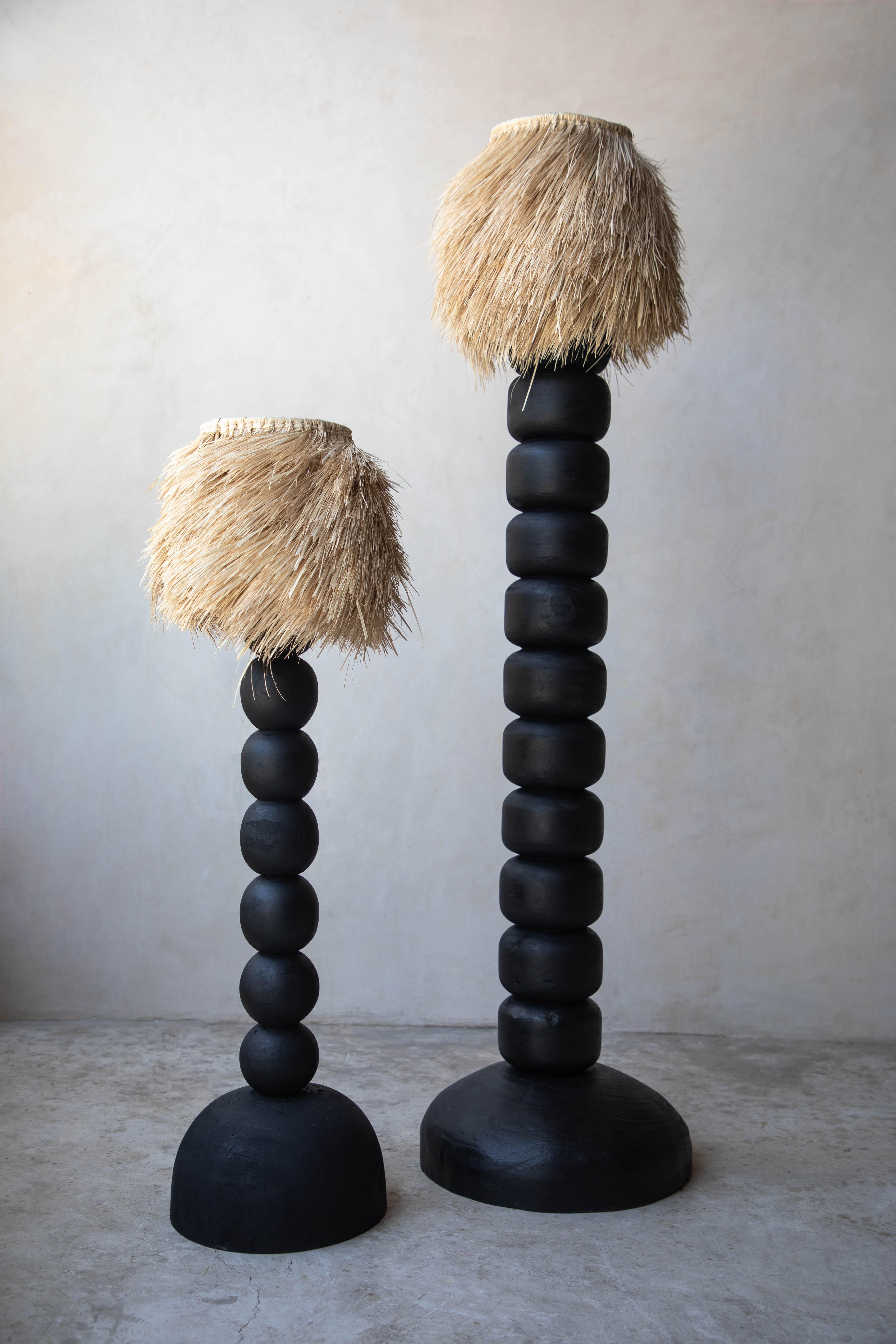 Mexican Black Jabin Wood Floor Lamp with Palm Screen by Daniel Orozco For Sale