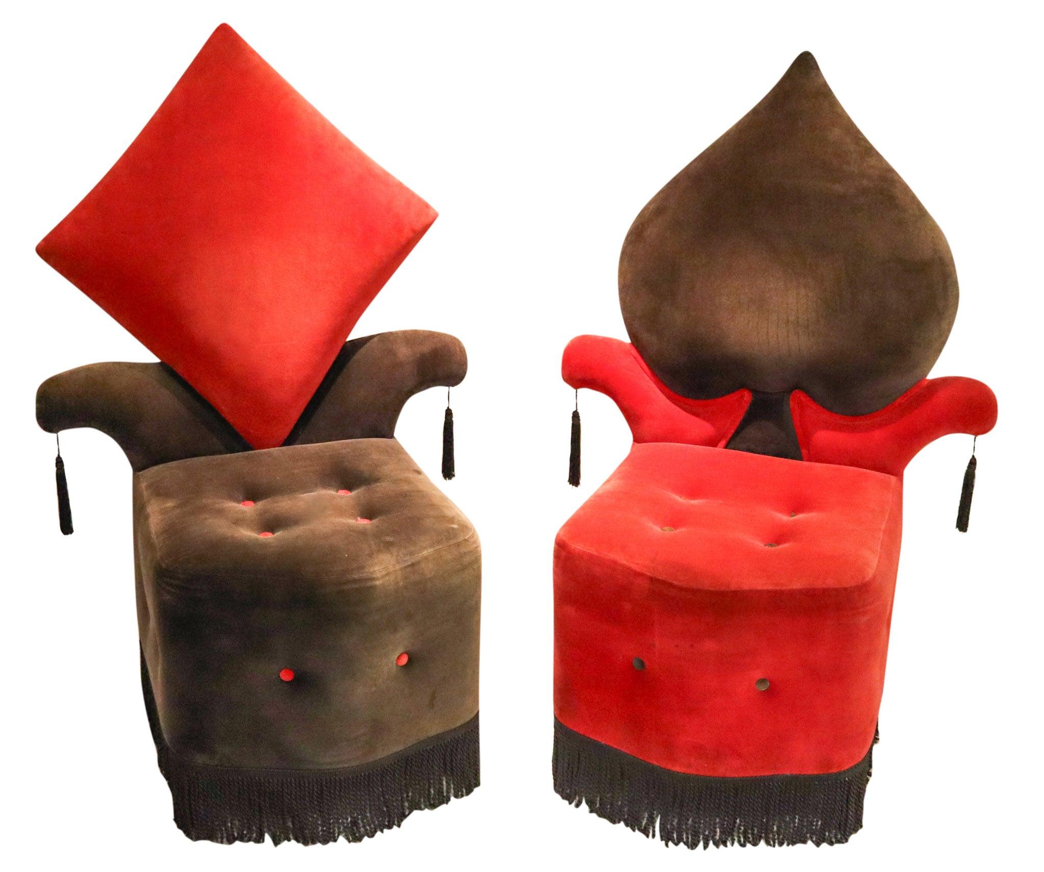 Fabric BLACK JACK 1970 Set of Four Large Vintage Playing Card Suit Red & Black Chairs For Sale