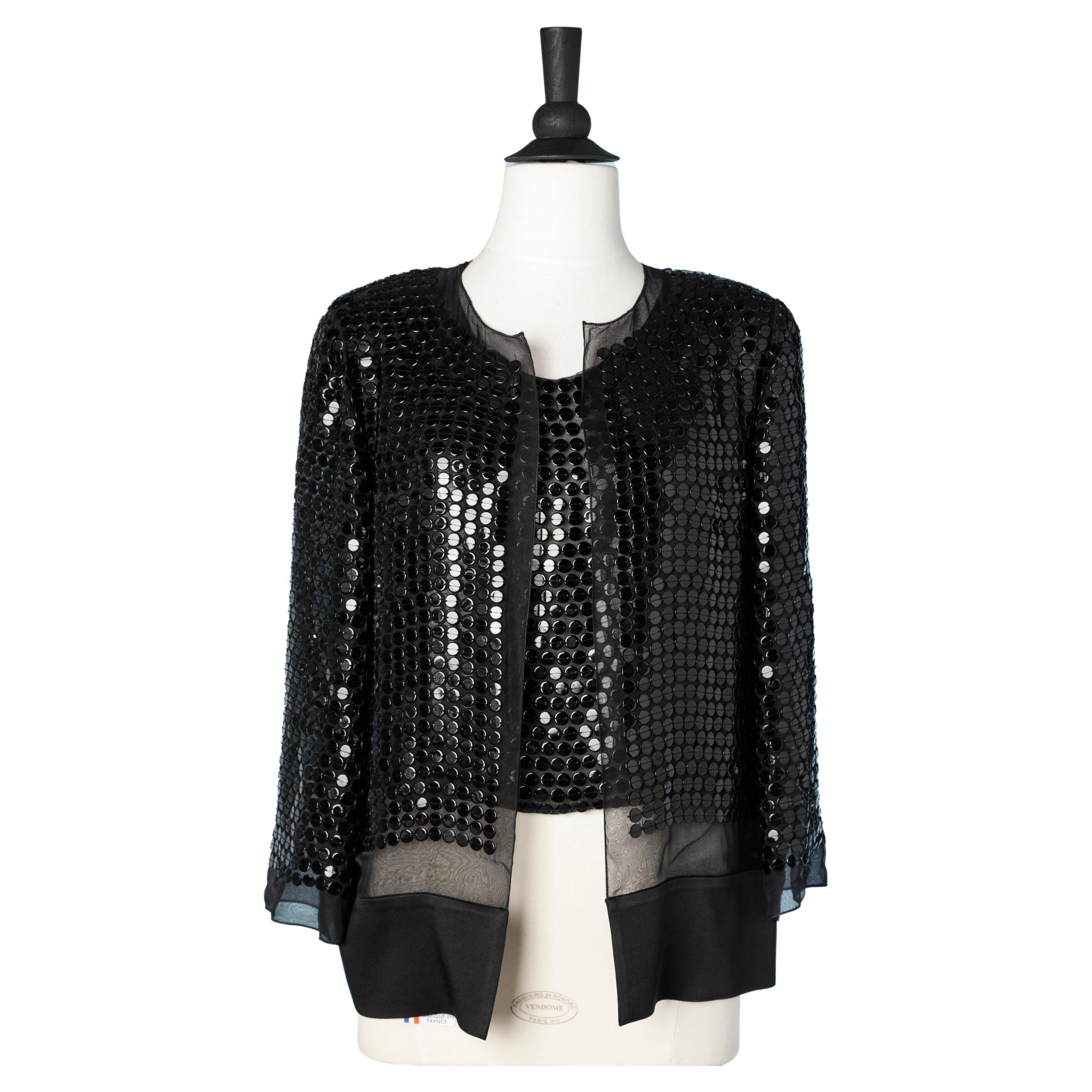 Black jacket and top with black plastic pellet on a chiffon base Chanel  For Sale