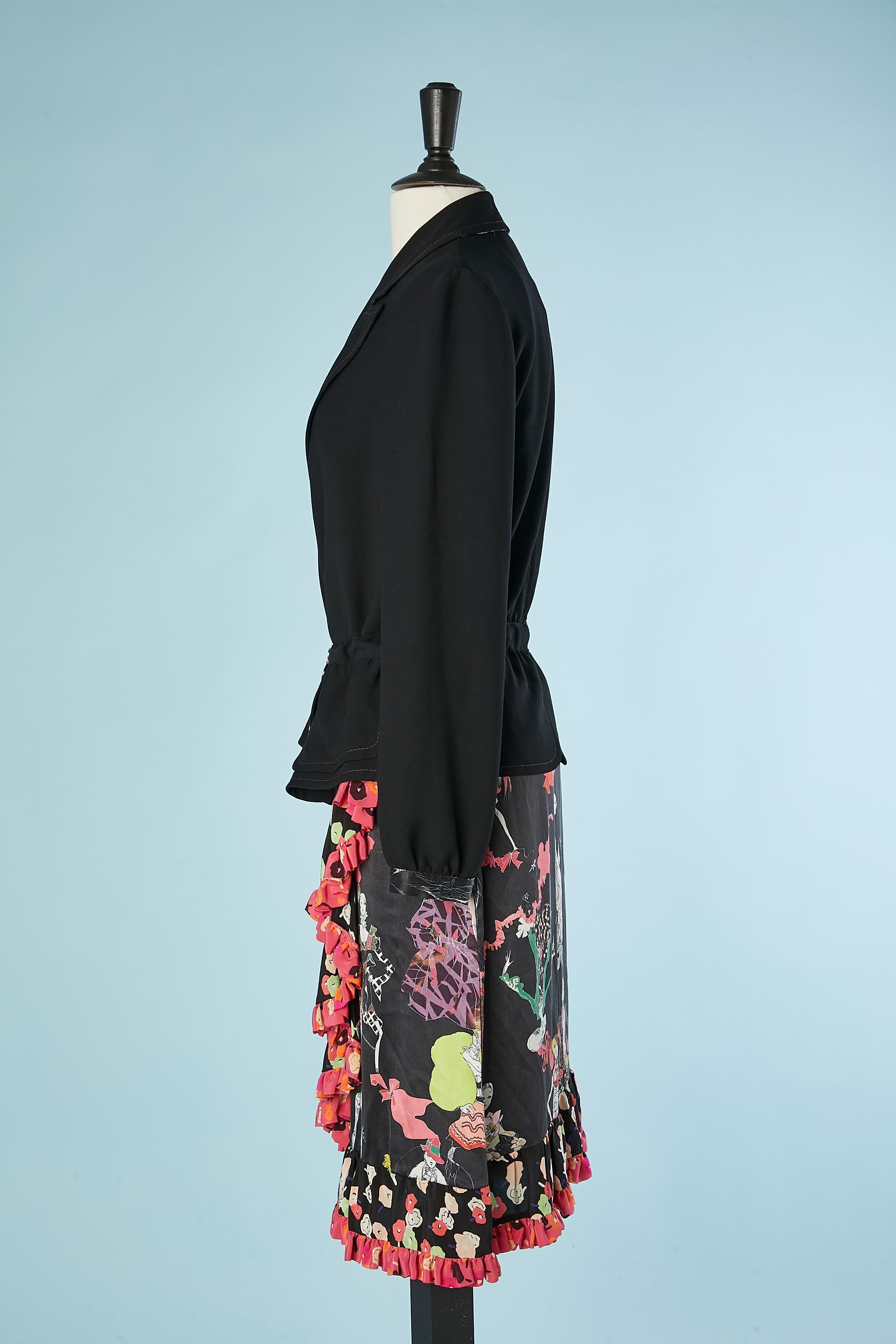 Black jacket and wrap printed silk skirt ensemble Christian Lacroix Bazar For Sale 1