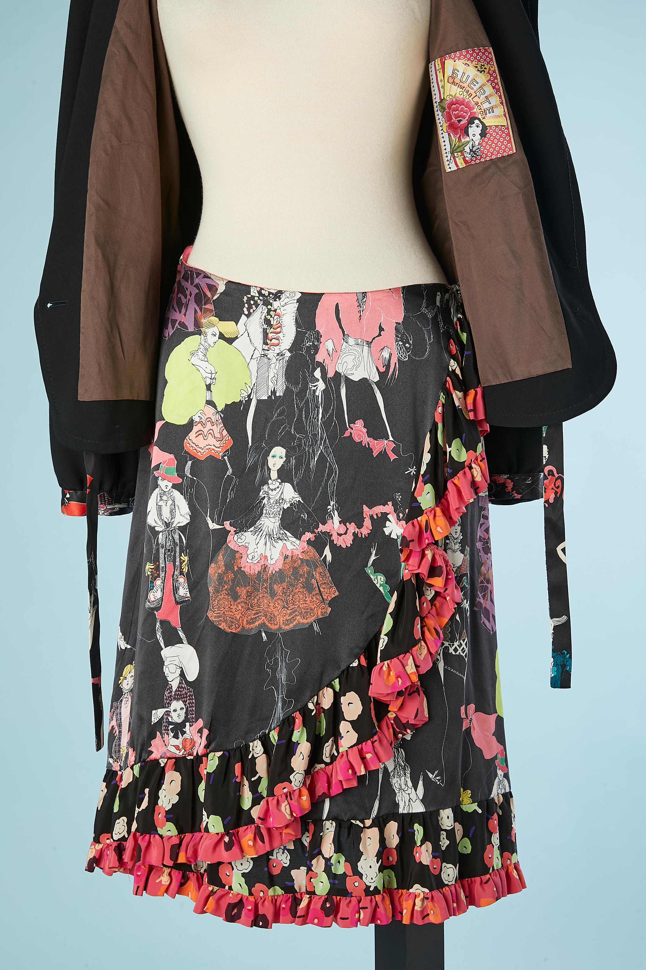Black jacket and wrap printed silk skirt ensemble Christian Lacroix Bazar  For Sale 3