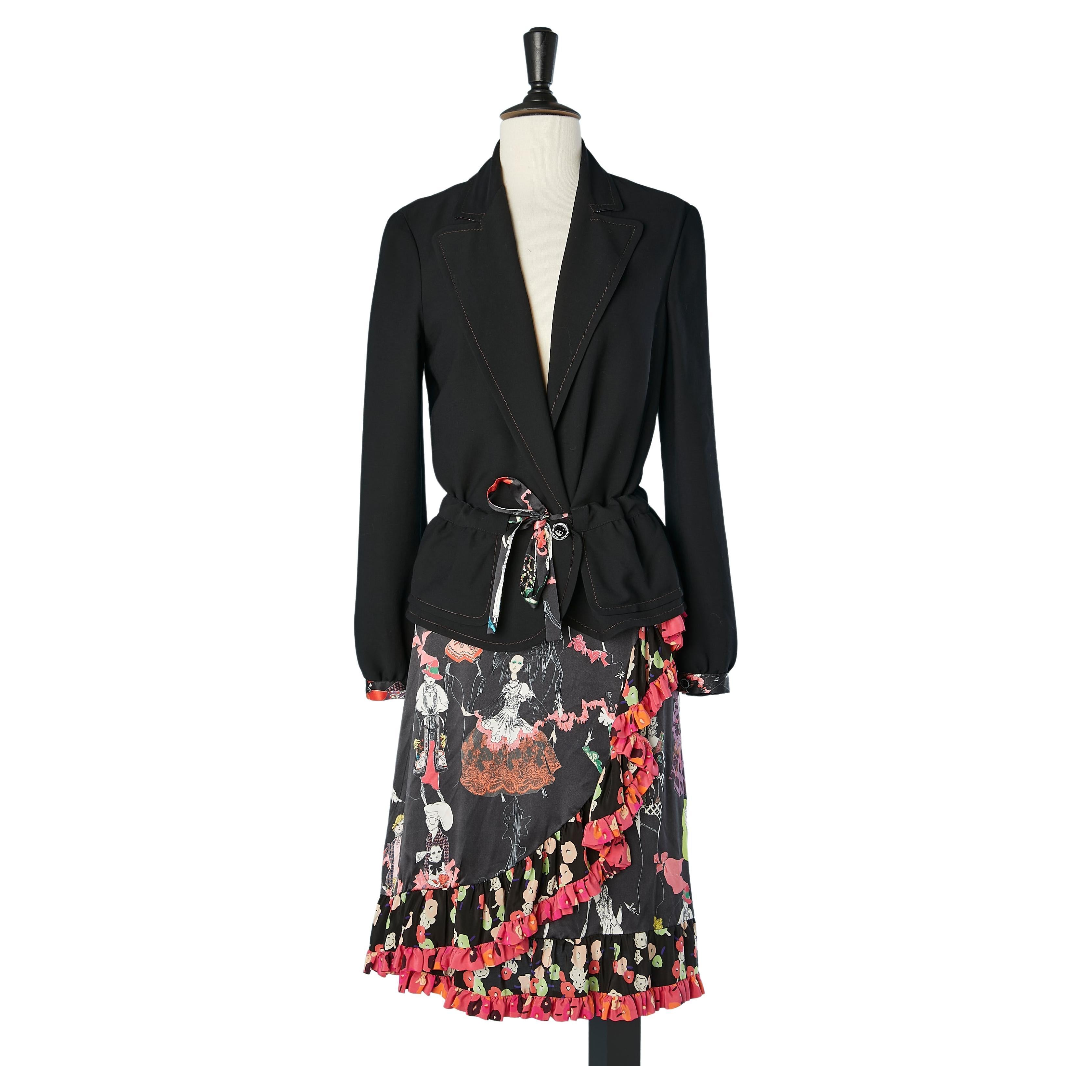 Black jacket and wrap printed silk skirt ensemble Christian Lacroix Bazar  For Sale