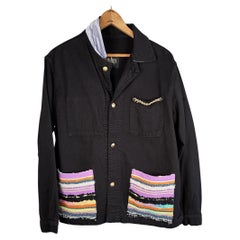 Black Jacket French Work Wear Lavender Wool Ethnic Pockets Light Blue Silk Chain