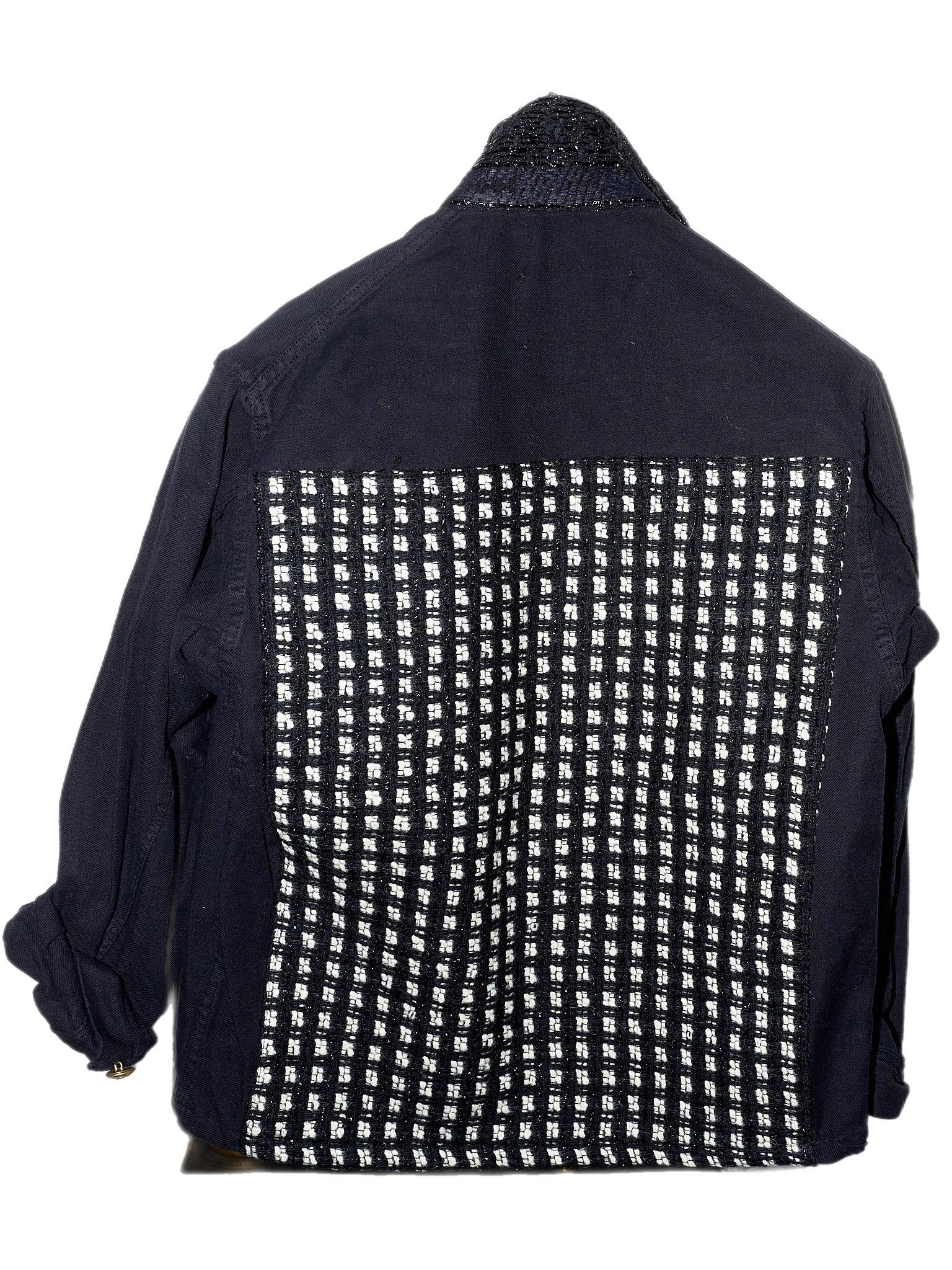 Black French Work Wear Vintage Jacket with Gold Tone Brass Chain and Wool White Black Lurex Tweed and Vintage Military Gold tone Brass Buttons from France

Brand: J Dauphin
Size: Medium 
100% Sustainable Luxury, Up-cycled and Re-purposed Collectible